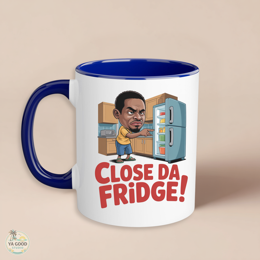 Mug with cartoon character and 'Close Da Fridge!' text on a beige background