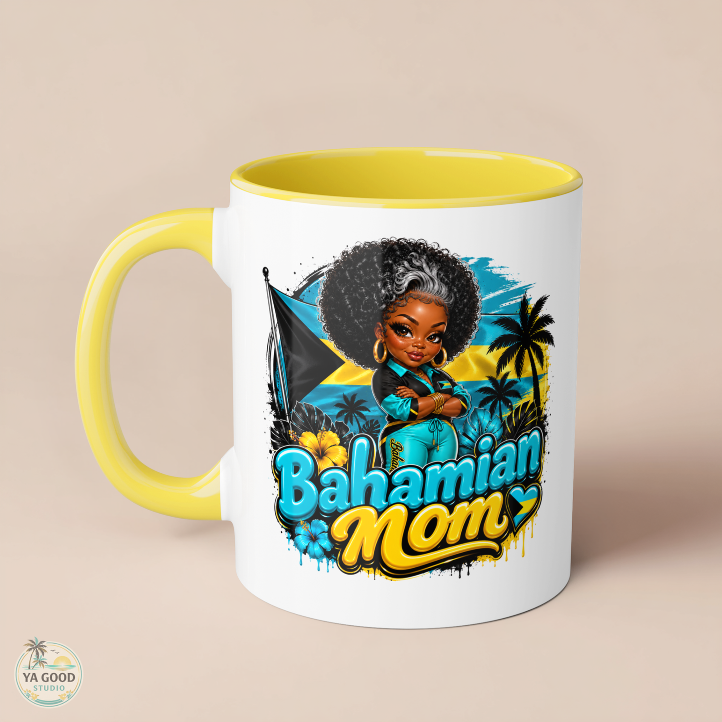 Mug with 'Bahamian Mom' design featuring a woman with an afro, palm trees, and flowers on a beige background.