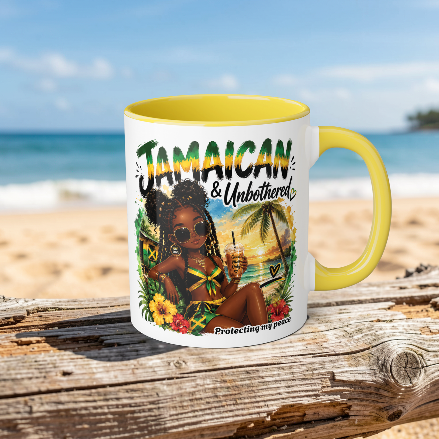 Mug with 'Jamaican & Unbothered' design on a beach background