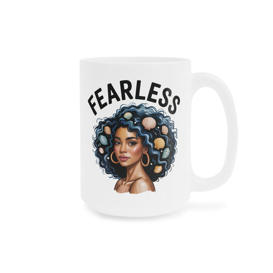 Mug with a design of a woman with an afro and the word 'FEARLESS' on a white background