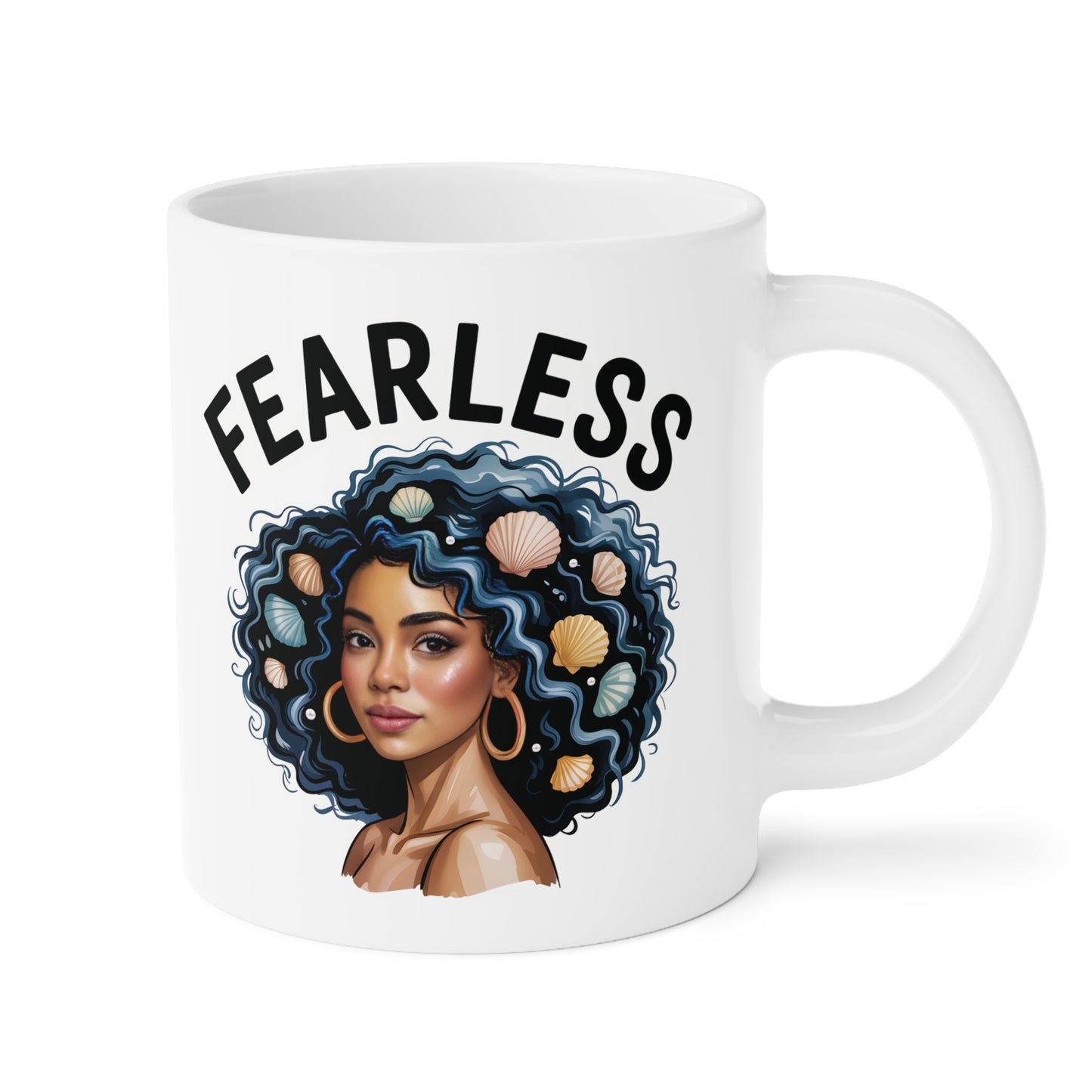 White mug with a design of a woman with curly hair and the word 'FEARLESS' on a white background