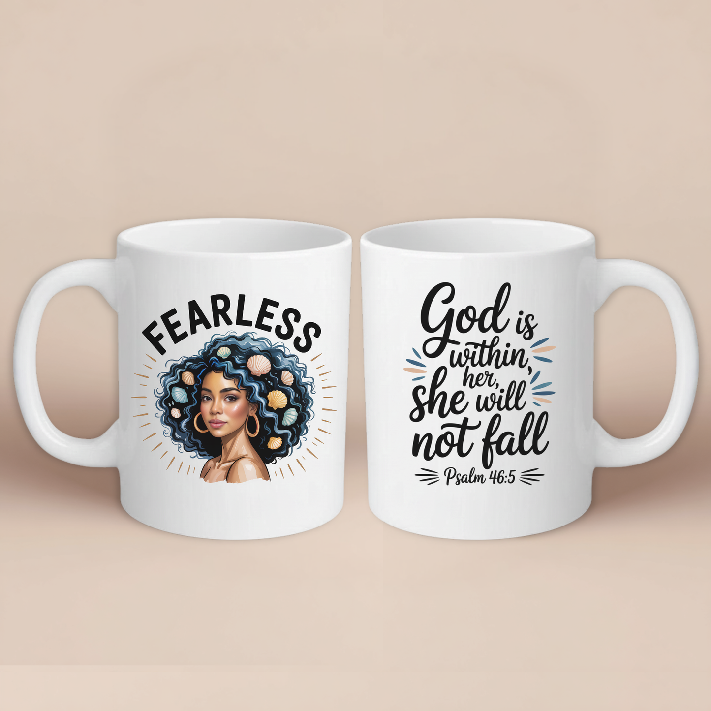 A white mug showing both sides. One side has the word fearless with a design and the other has a bible verse. The mugs are on a plain beige background.