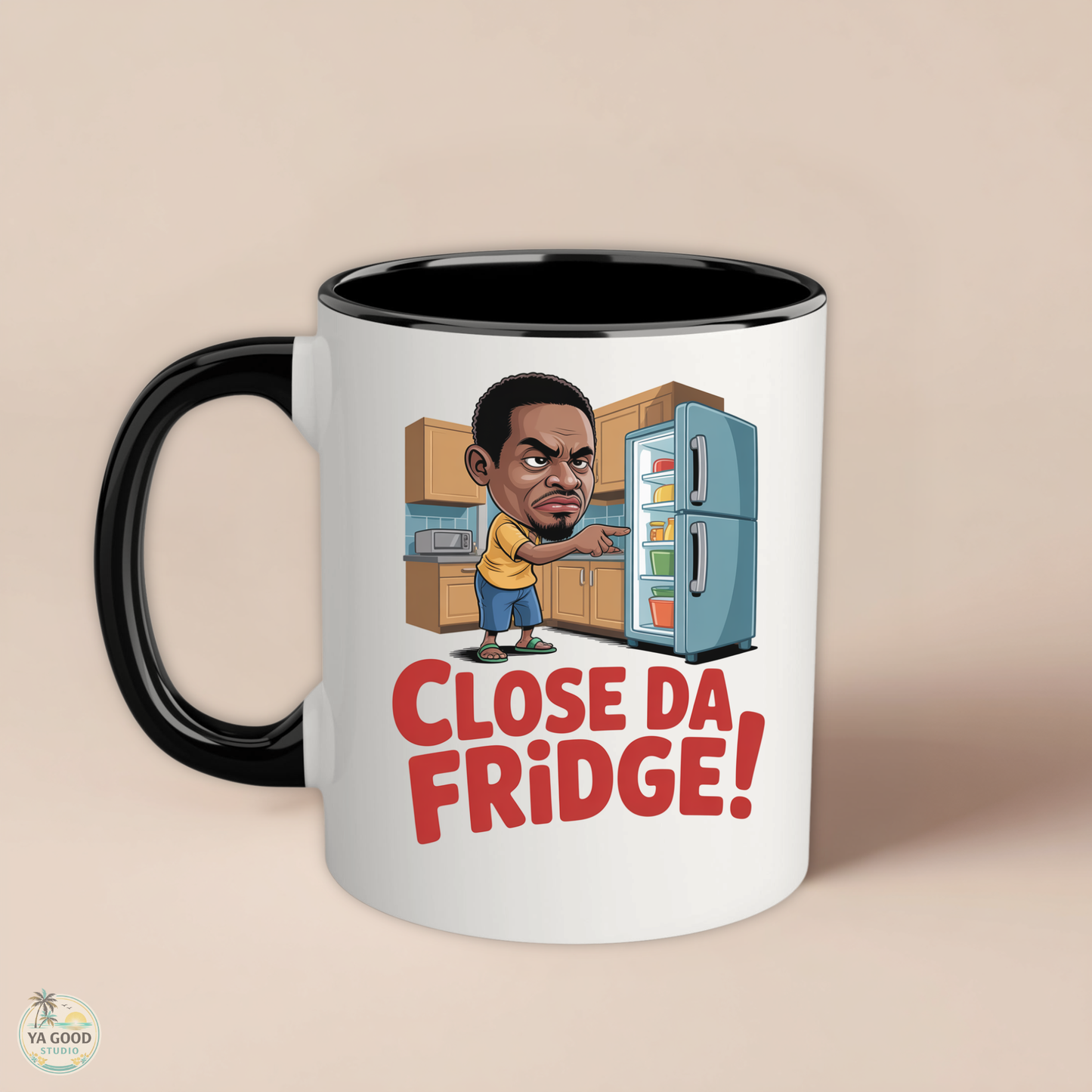 Mug with cartoon character opening a refrigerator and text 'Close Da Fridge!' on a beige background