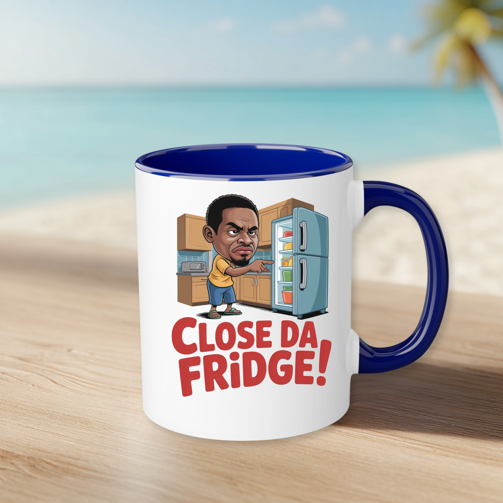 Mug with cartoon character and 'Close Da Fridge!' text on a beach background