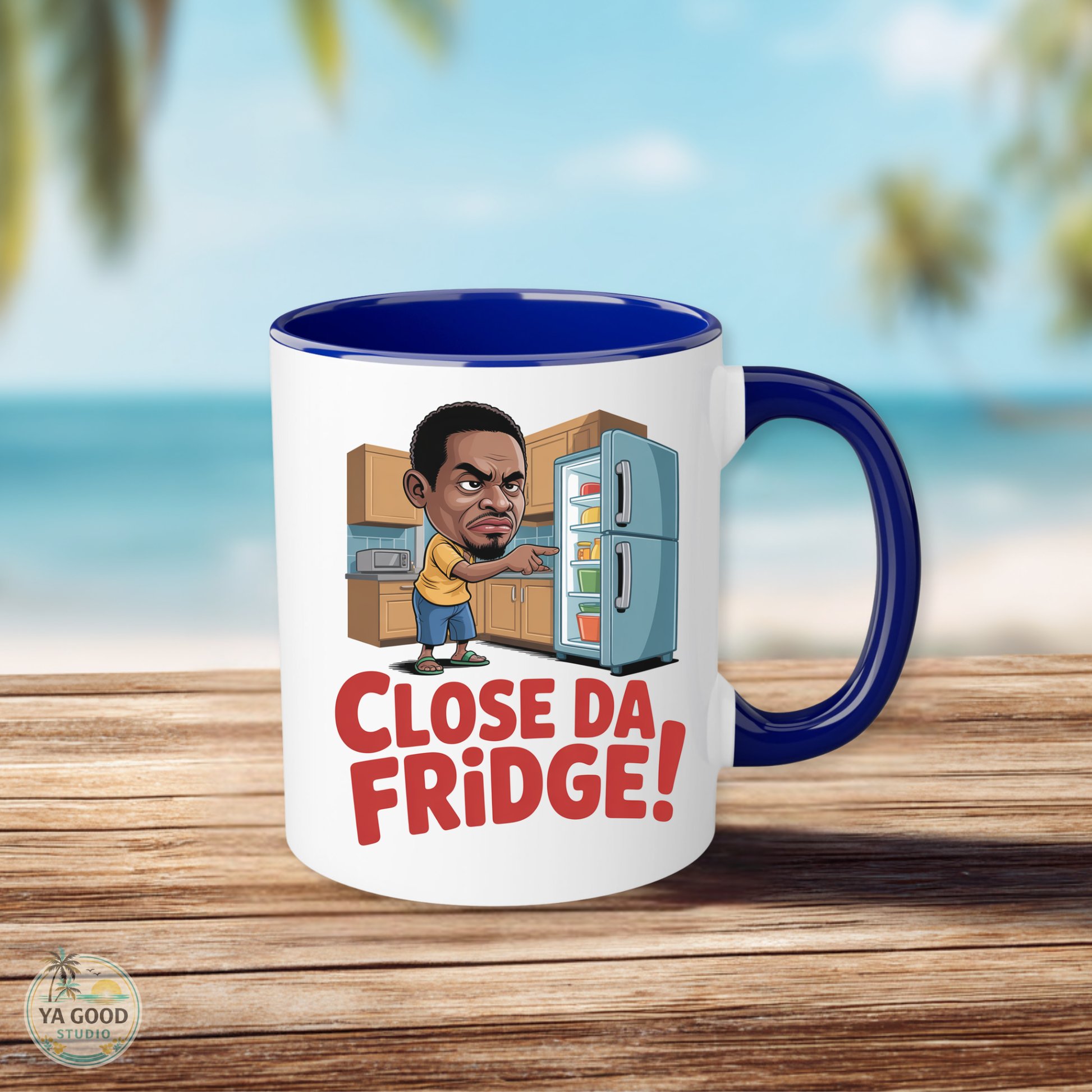 Mug with cartoon character and 'Close Da Fridge!' text on a beach background
