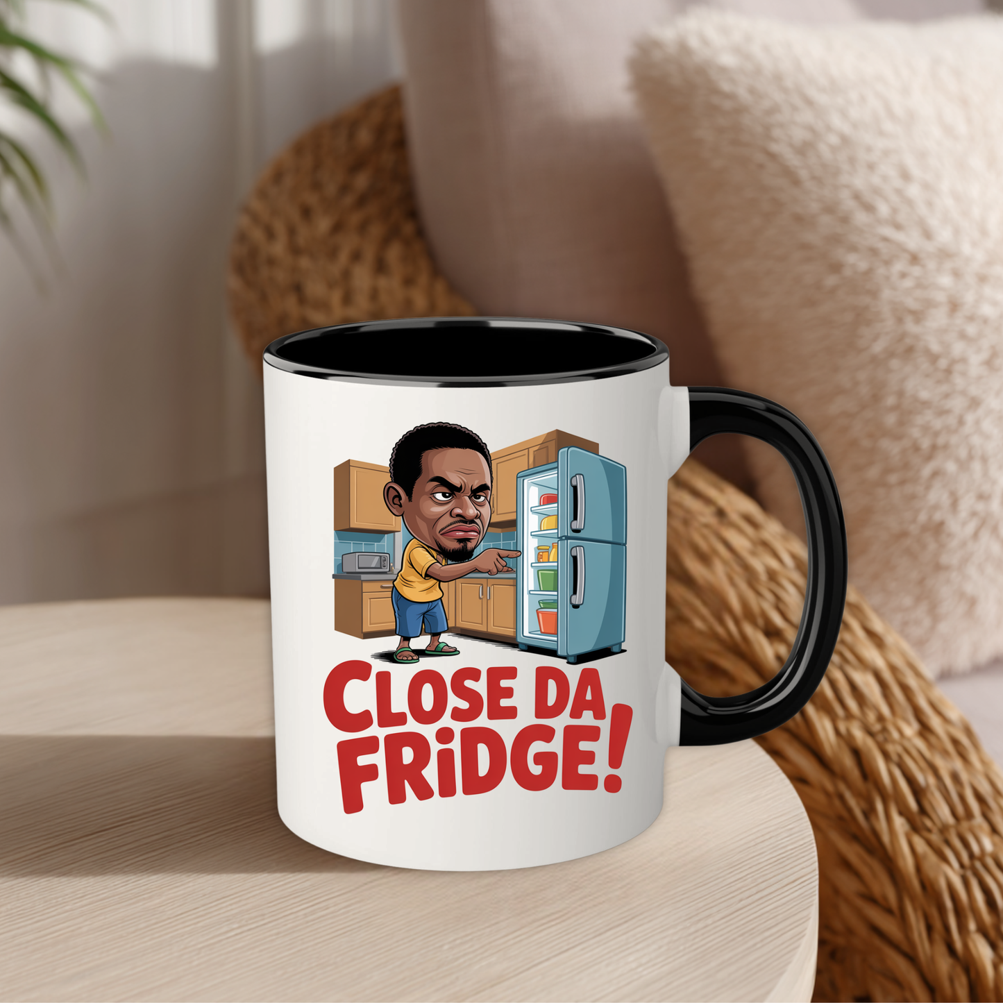 Mug with a cartoon character and 'Close Da Fridge!' text on a white background