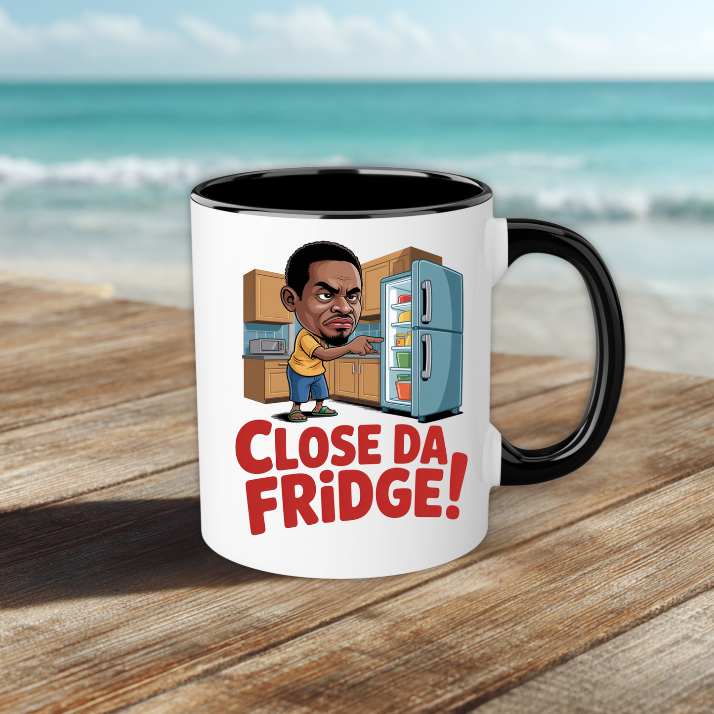Mug with a cartoon character and 'Close Da Fridge!' text on a beach setting