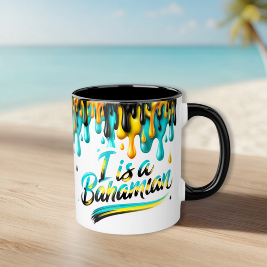 Mug with colorful design and text on a beach background