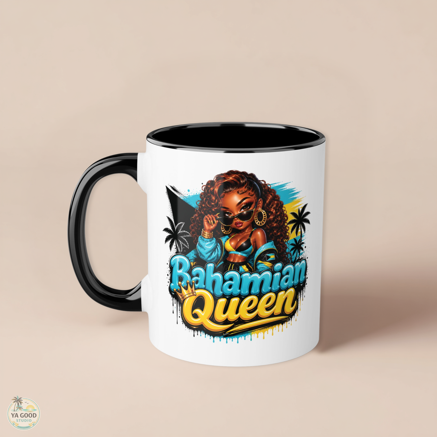 Bahamian Queen Accent Mug — 11oz Black-Handle Coffee Cup