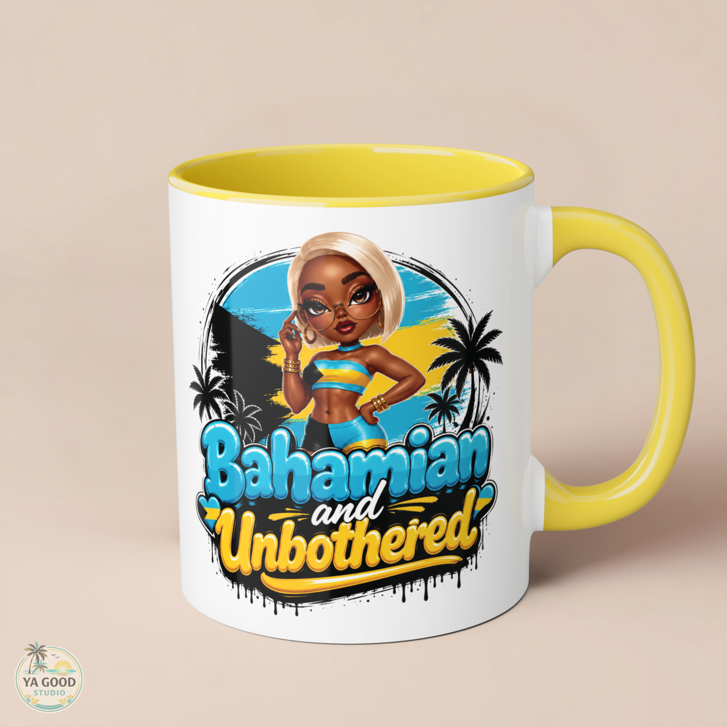 Bahamian and Unbothered 11oz ceramic mug by Ya Good Studio, confident island lifestyle ceramic coffee cup"