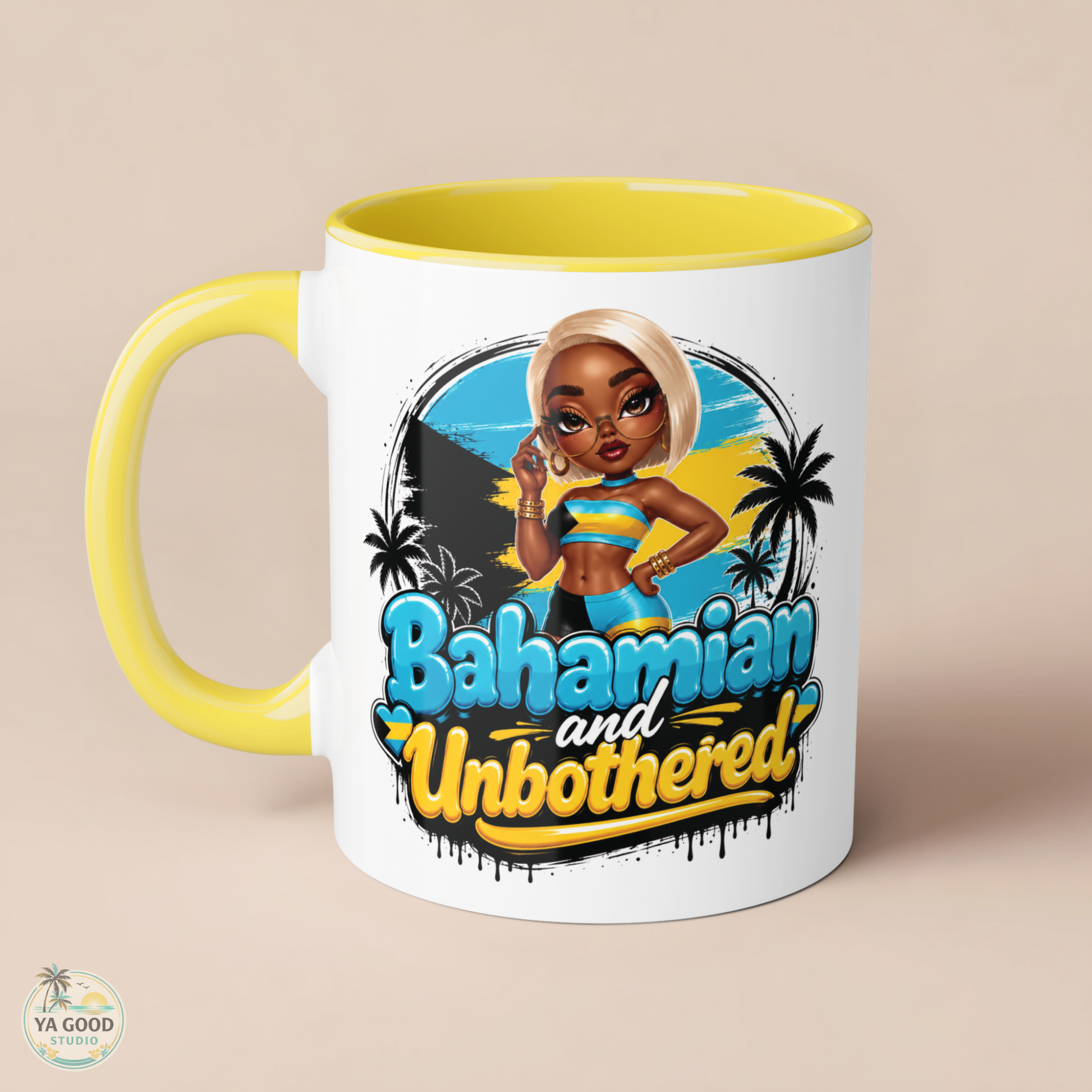 Mug with 'Bahamian and Unbothered' design featuring a cartoon character on a beige background.