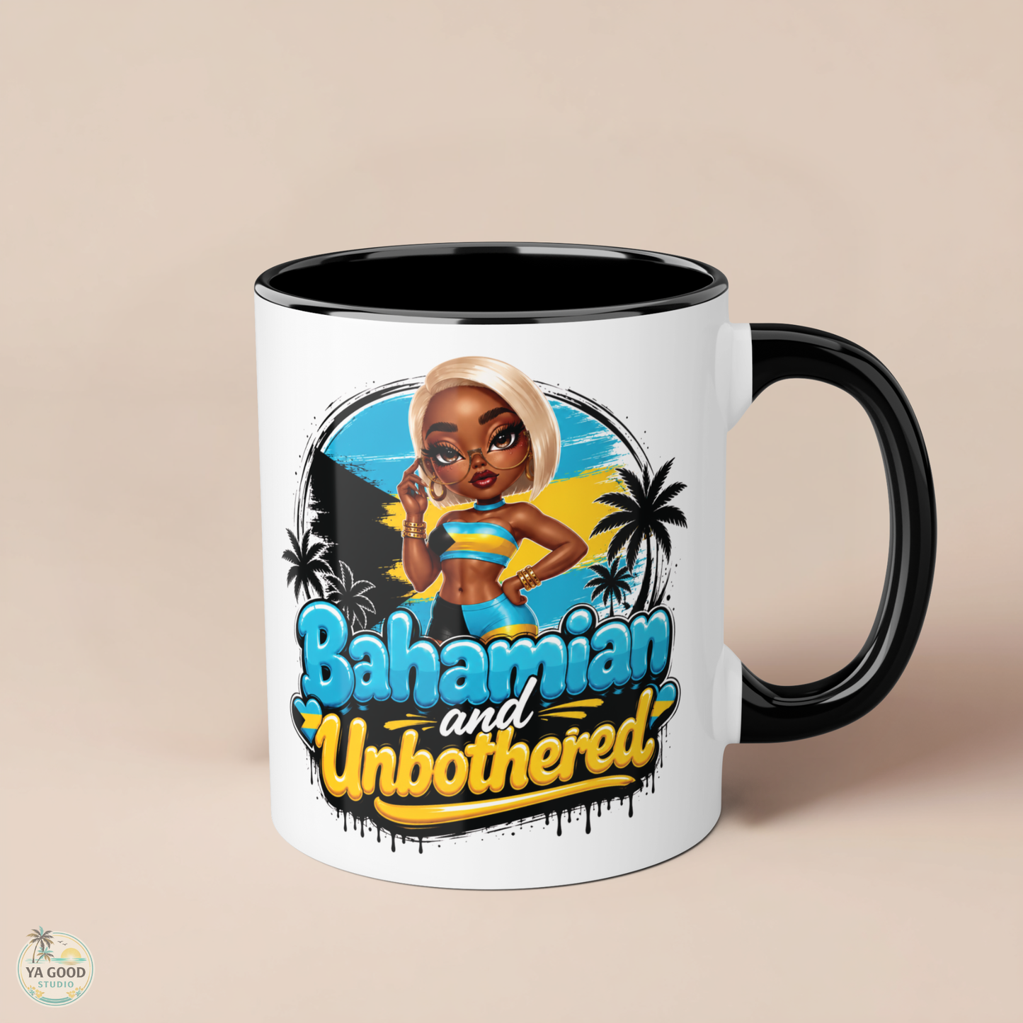 Bahamian and Unbothered 11oz ceramic mug by Ya Good Studio, confident island lifestyle ceramic coffee cup"