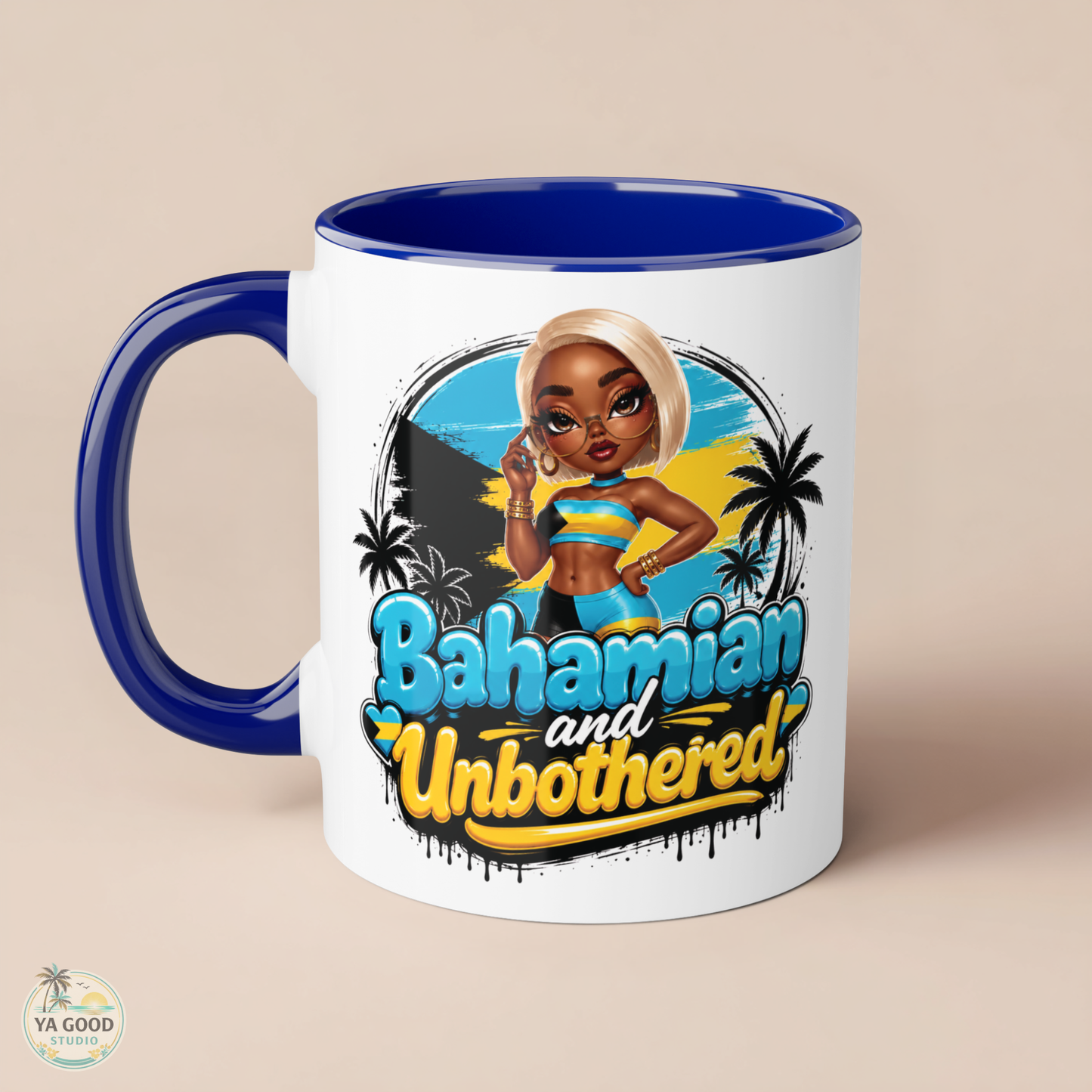 Mug with 'Bahamian and Unbothered' design featuring a woman and palm trees on a beige background.