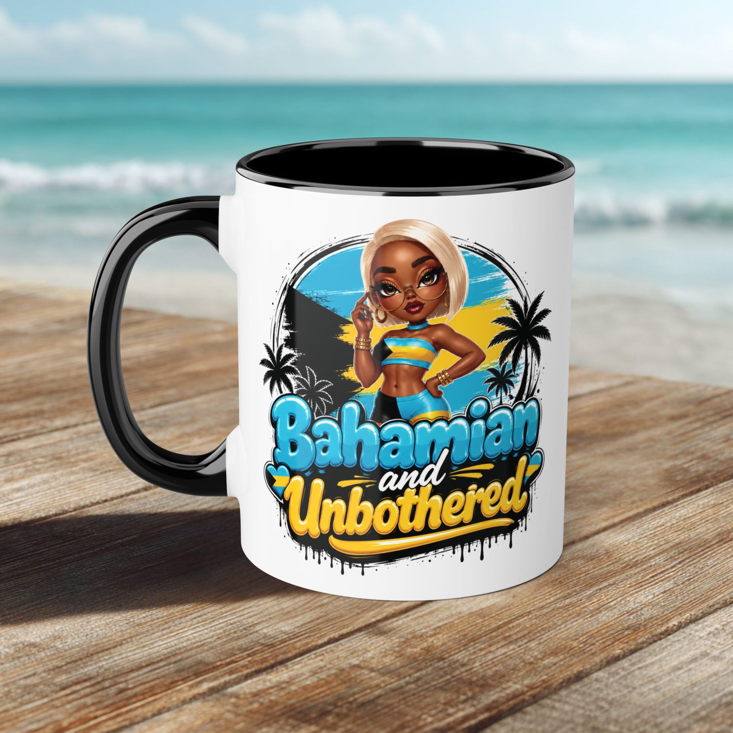 Bahamian and Unbothered 11oz ceramic mug by Ya Good Studio, confident island lifestyle ceramic coffee cup