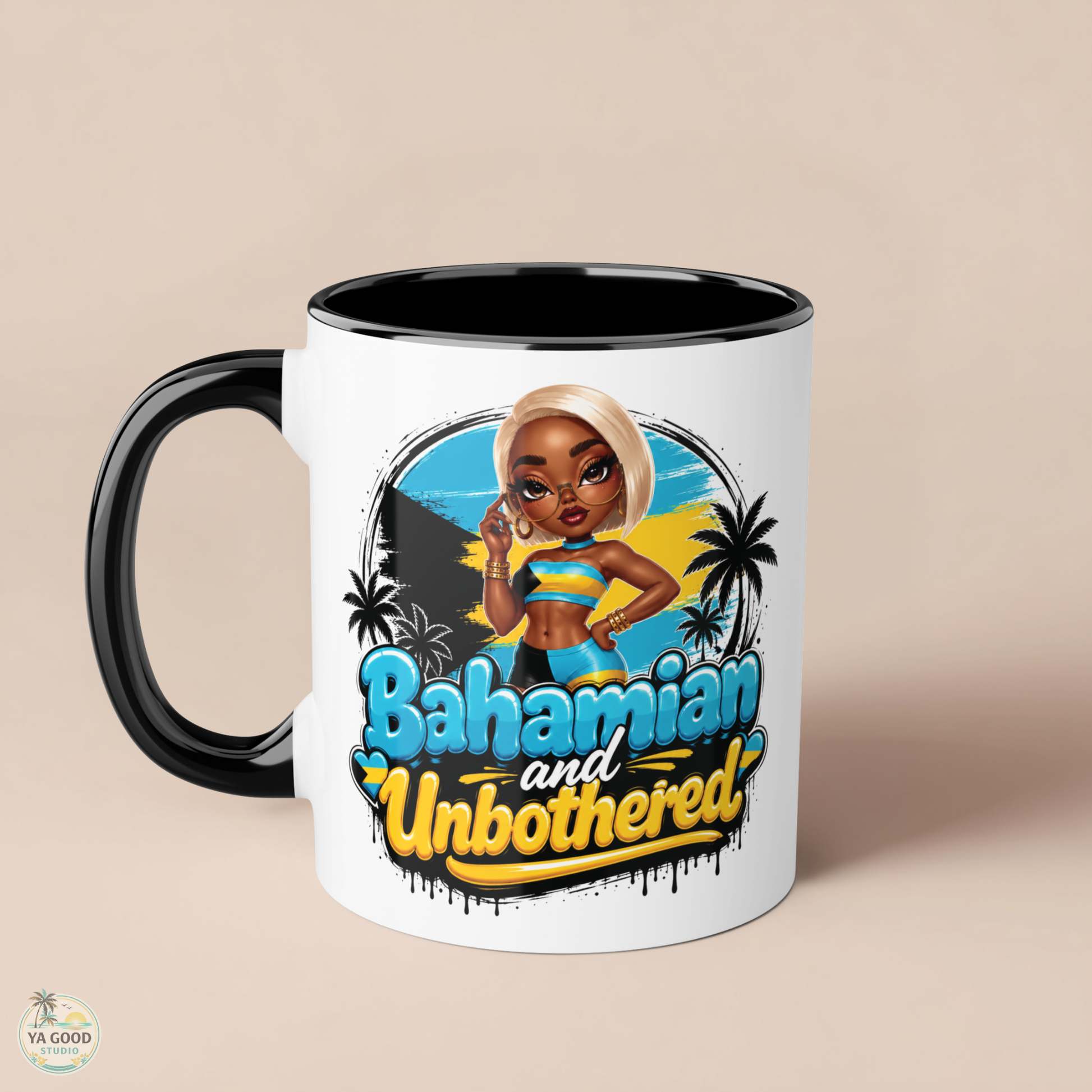 Mug with a design of a woman and 'Bahamian and Unbothered' text on a beige background