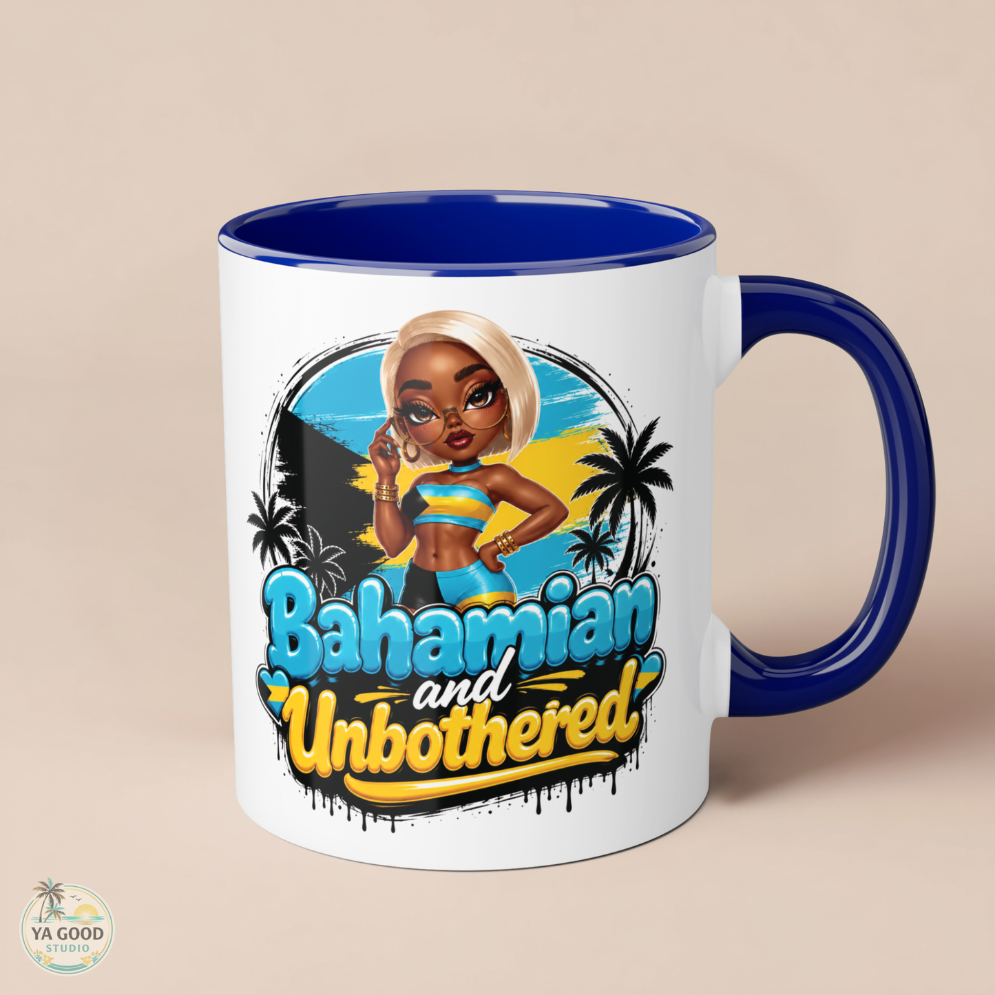 Bahamian and Unbothered 11oz ceramic mug by Ya Good Studio, confident island lifestyle ceramic coffee cup"