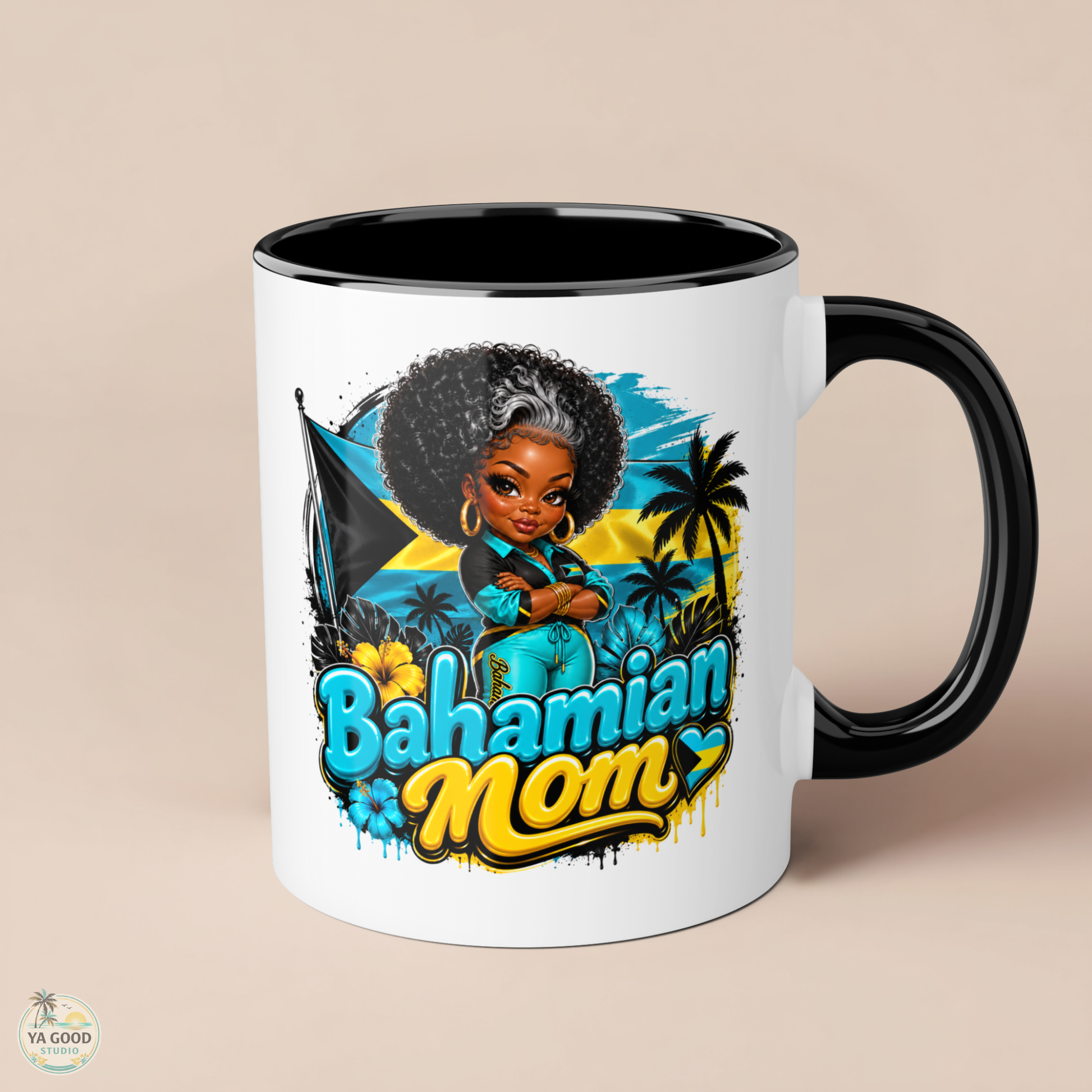 Mug with 'Bahamian Mom' design featuring a woman, flag, and palm trees on a beige background.