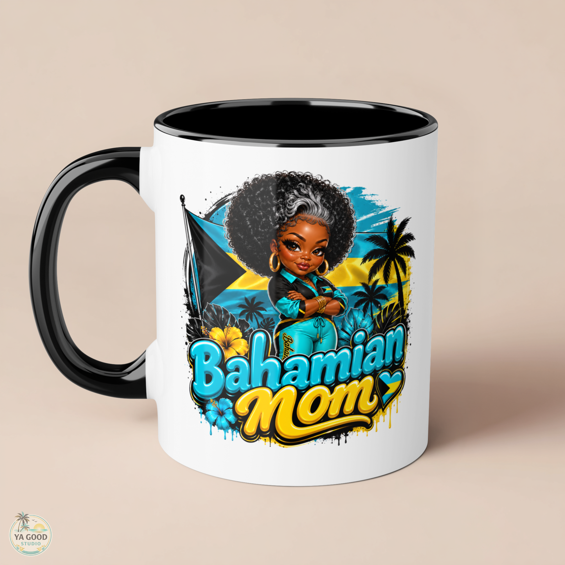 Mug with 'Bahamian Mom' design featuring a woman, palm trees, and the Bahamian flag on a beige background.