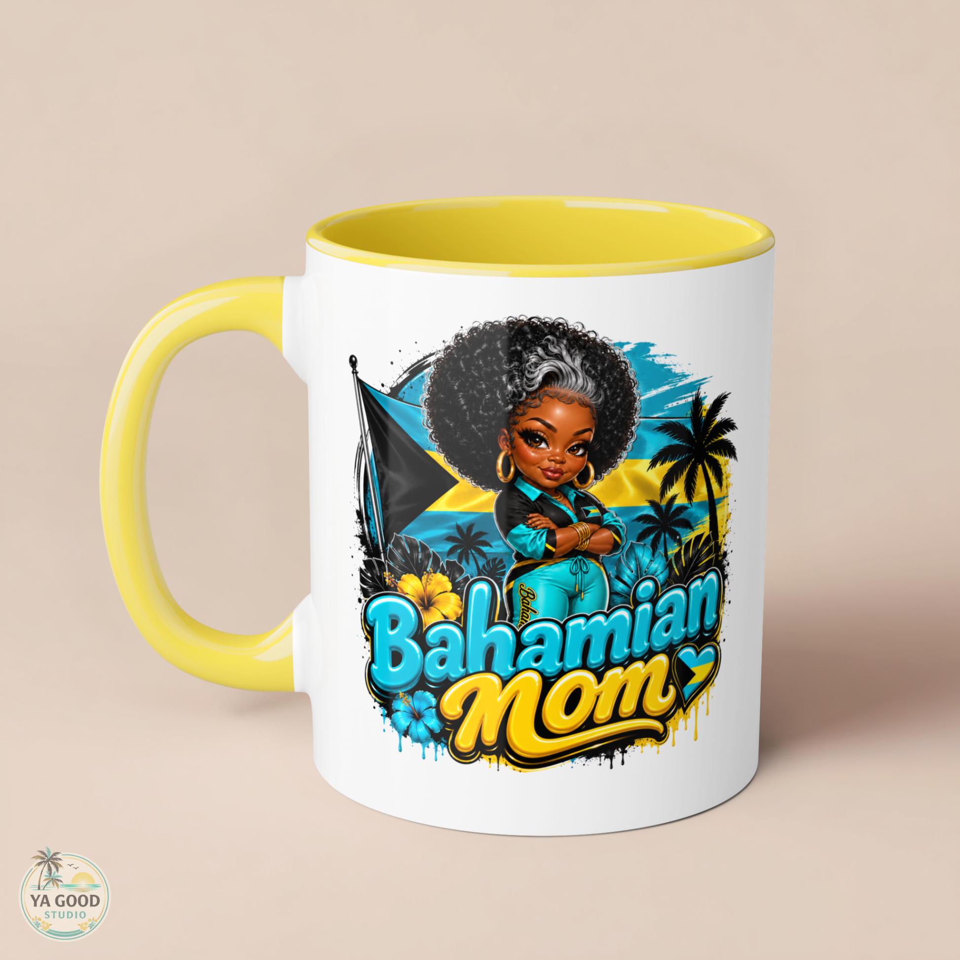 Mug with 'Bahamian Mom' design featuring a woman with an afro, palm trees, and flowers on a beige background.