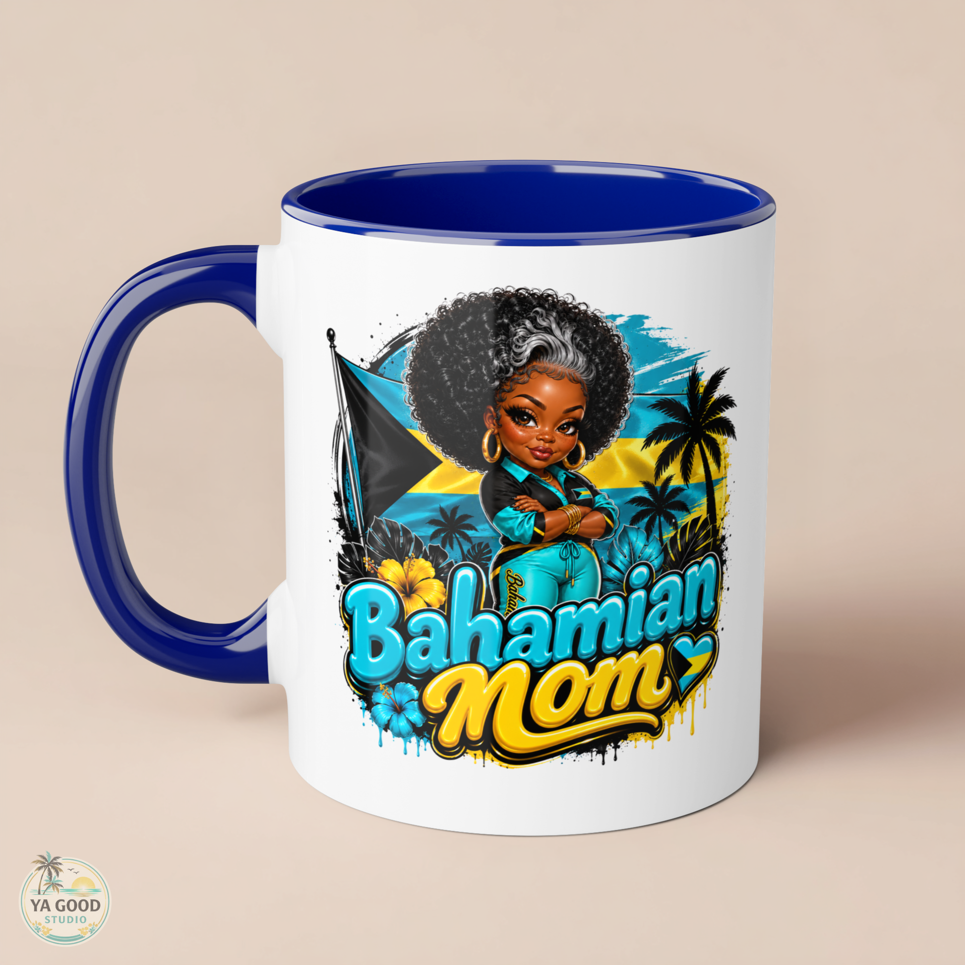 Mug with 'Bahamian Mom' design featuring a woman, flag, and palm trees on a beige background.