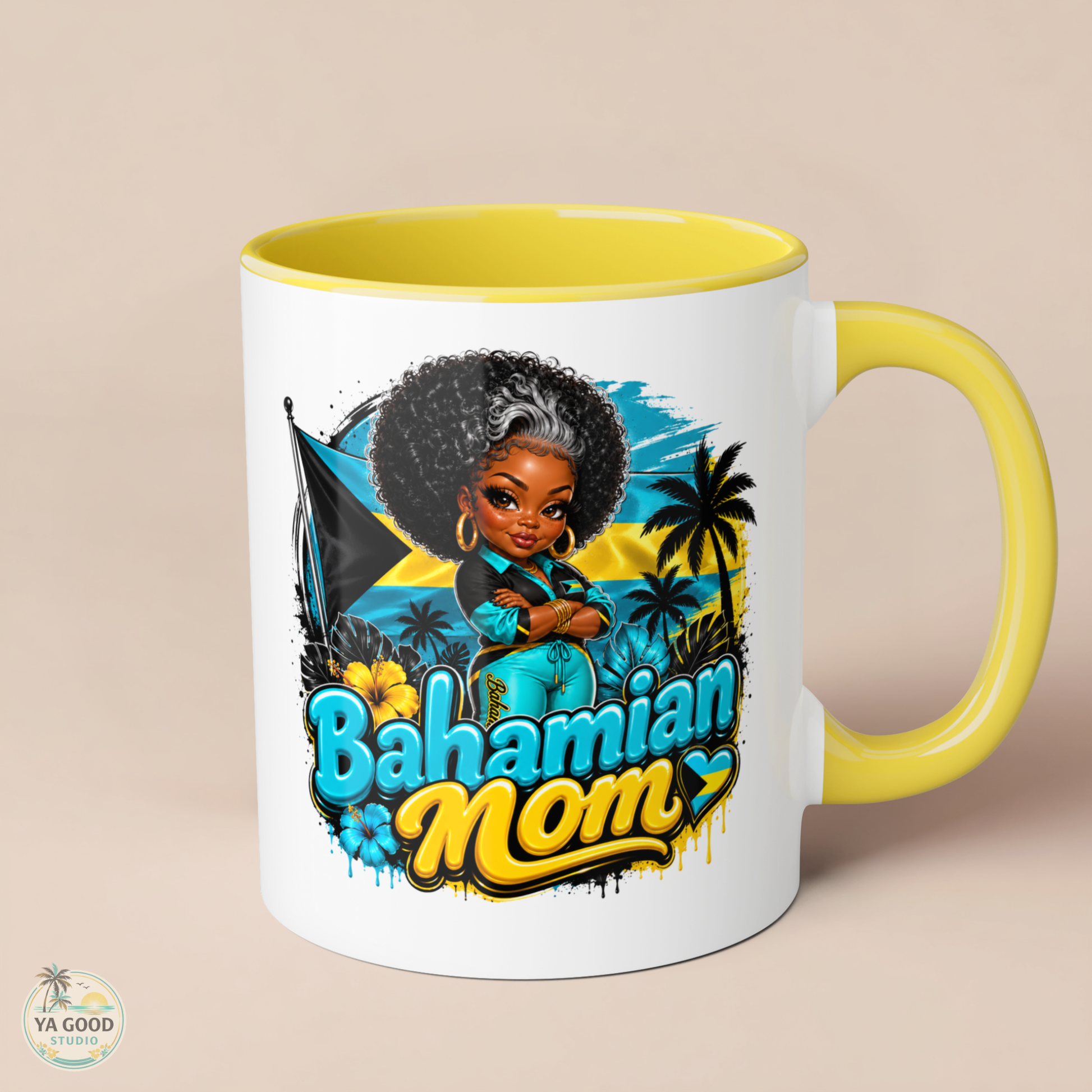 Mug with 'Bahamian Mom' design featuring a woman, flag, and palm trees on a beige background.