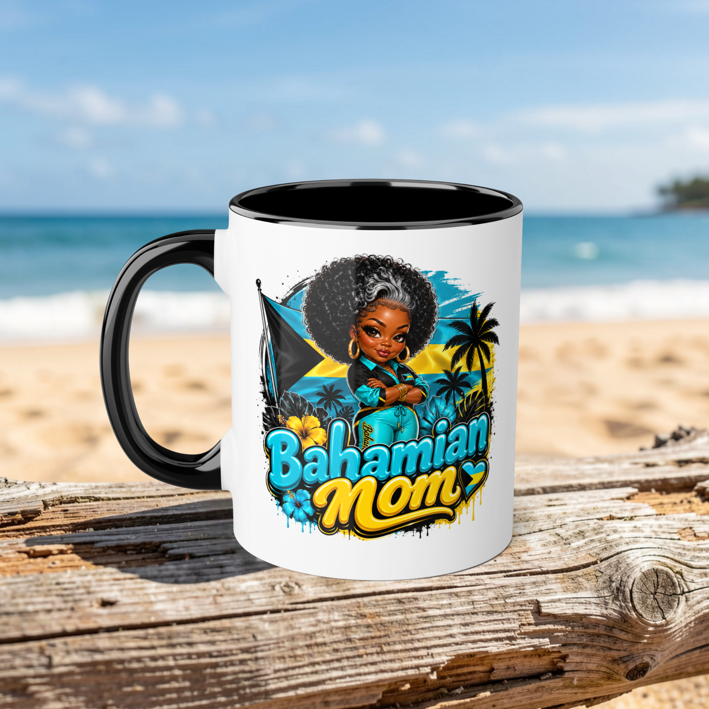 Mug with 'Bahamian Mom' design on a beach background