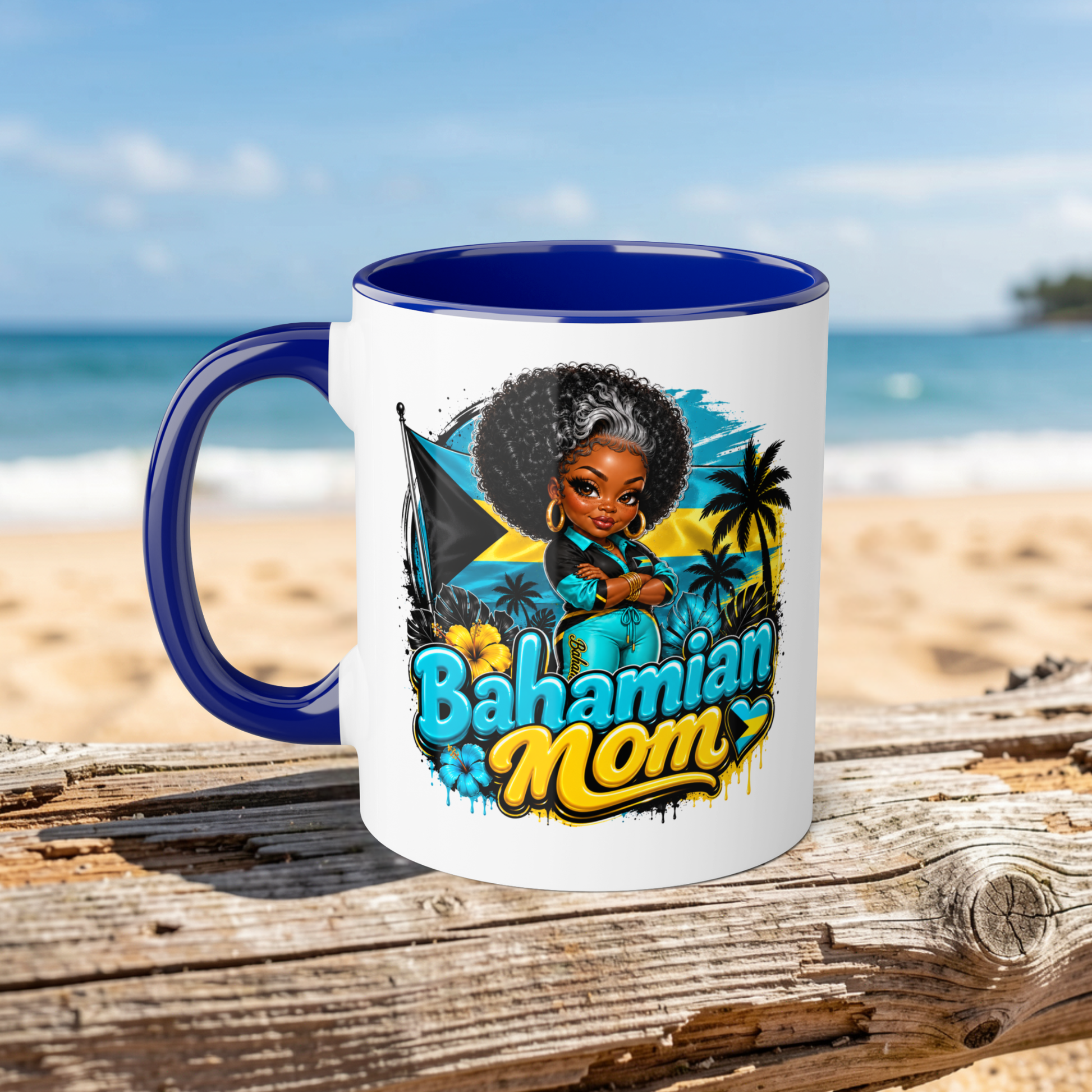 Mug with 'Bahamian Mom' design on a beach setting