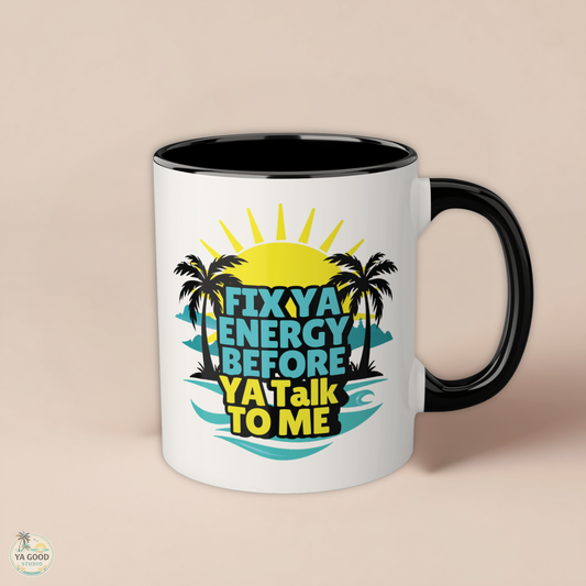 Mug with tropical design and text on a beige background