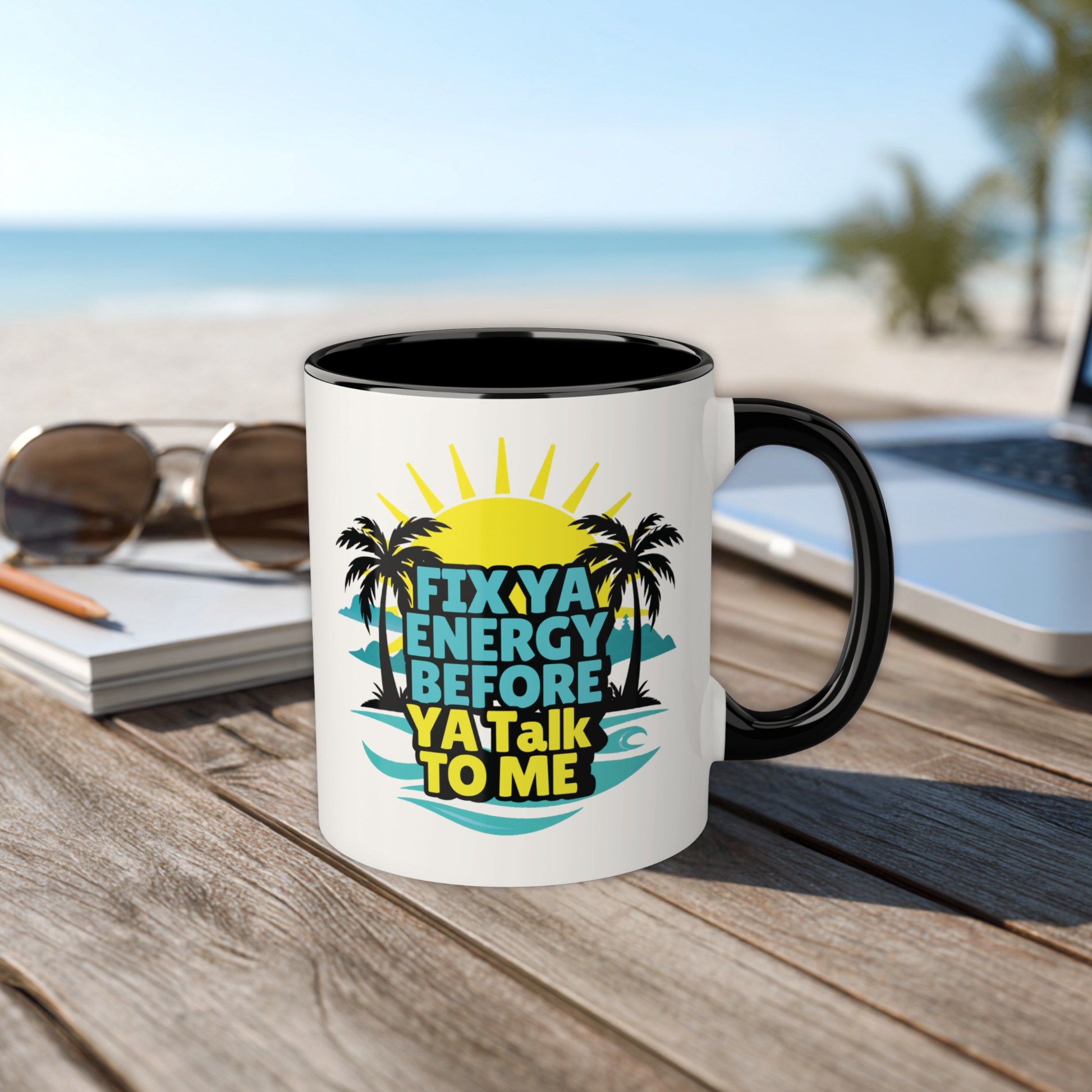 Mug with a tropical design and text on a wooden surface with a beach background