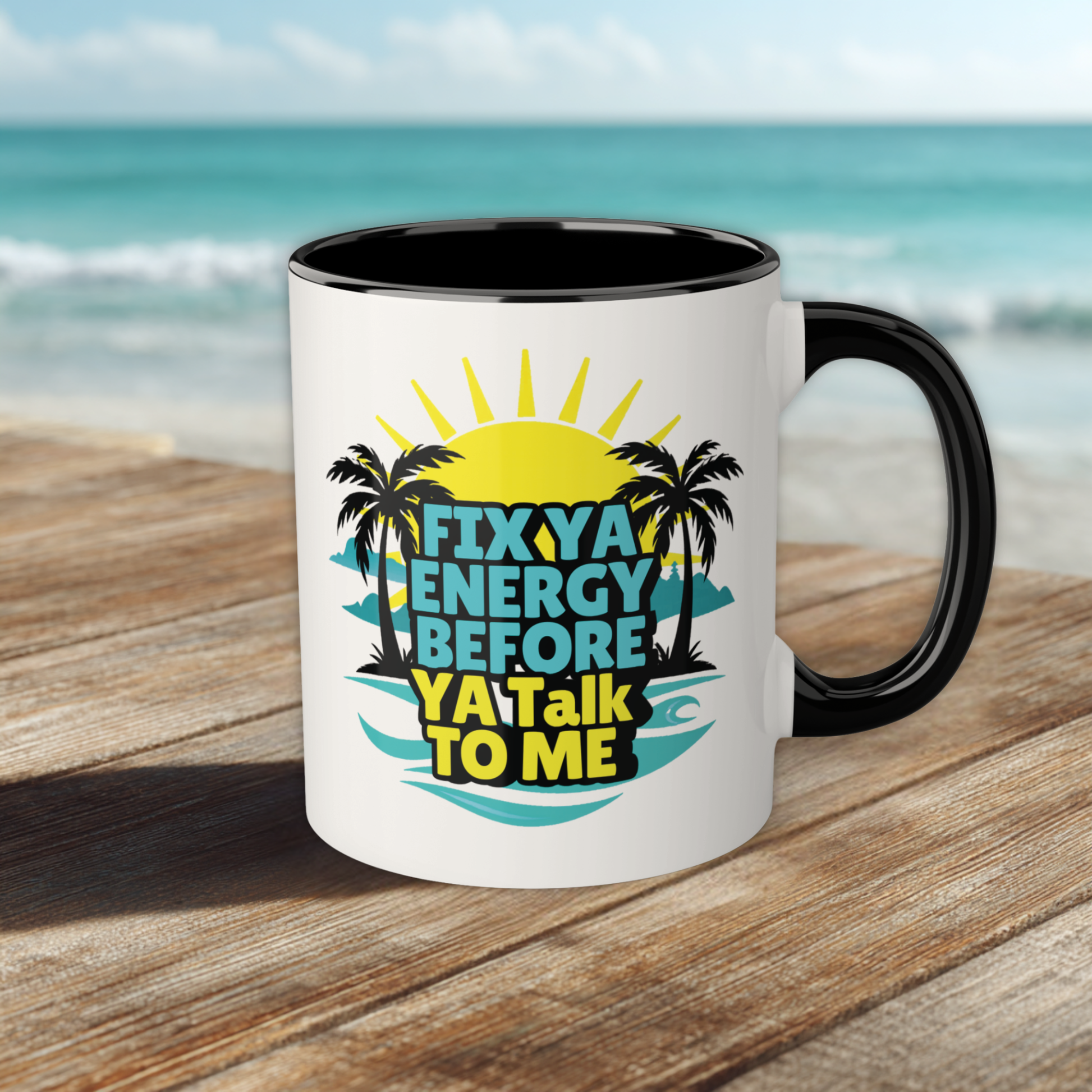 Mug with tropical design and text on a wooden surface with beach background