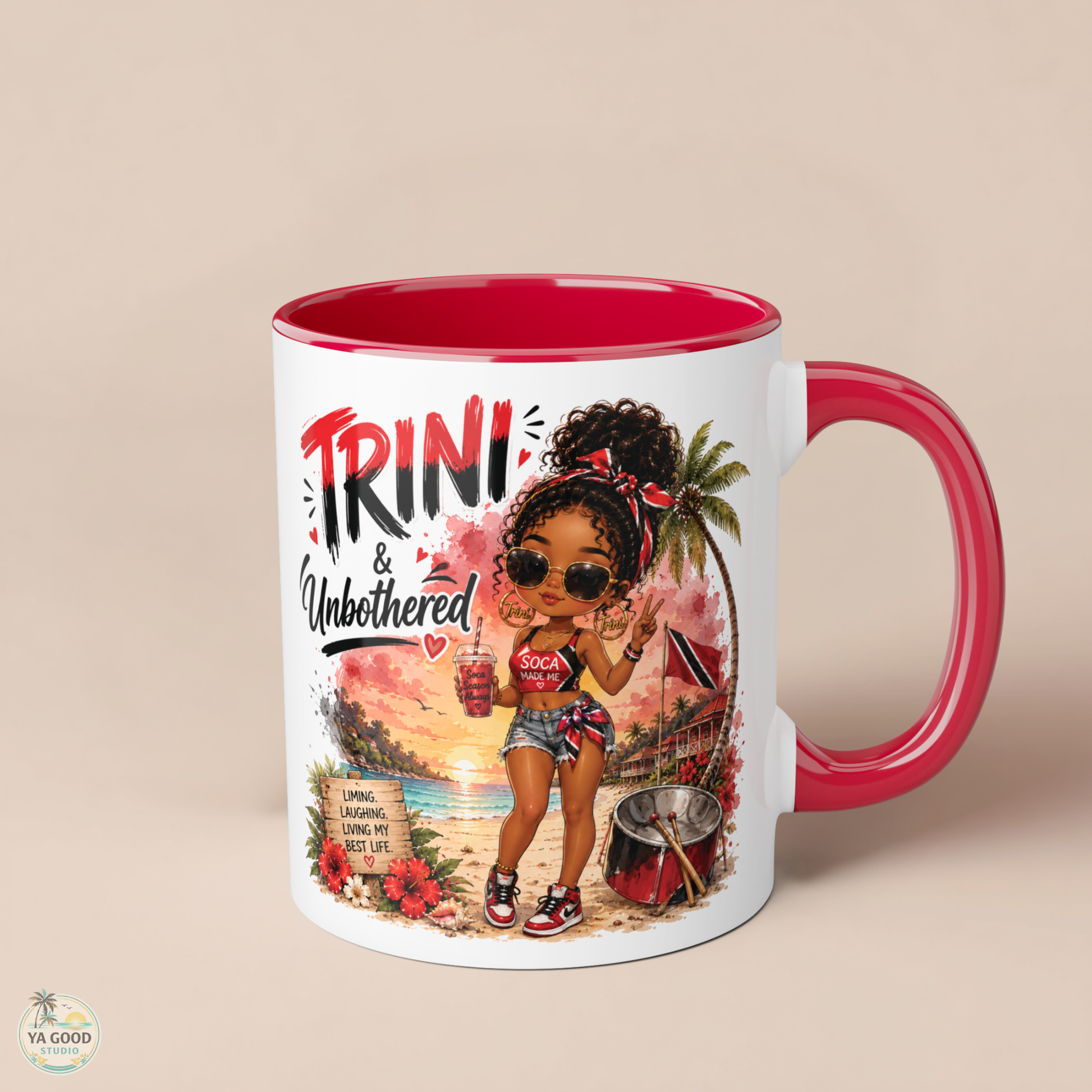 Mug with a design of a woman on a beach and 'Trini & Unbothered' text, with red interior and handle.
