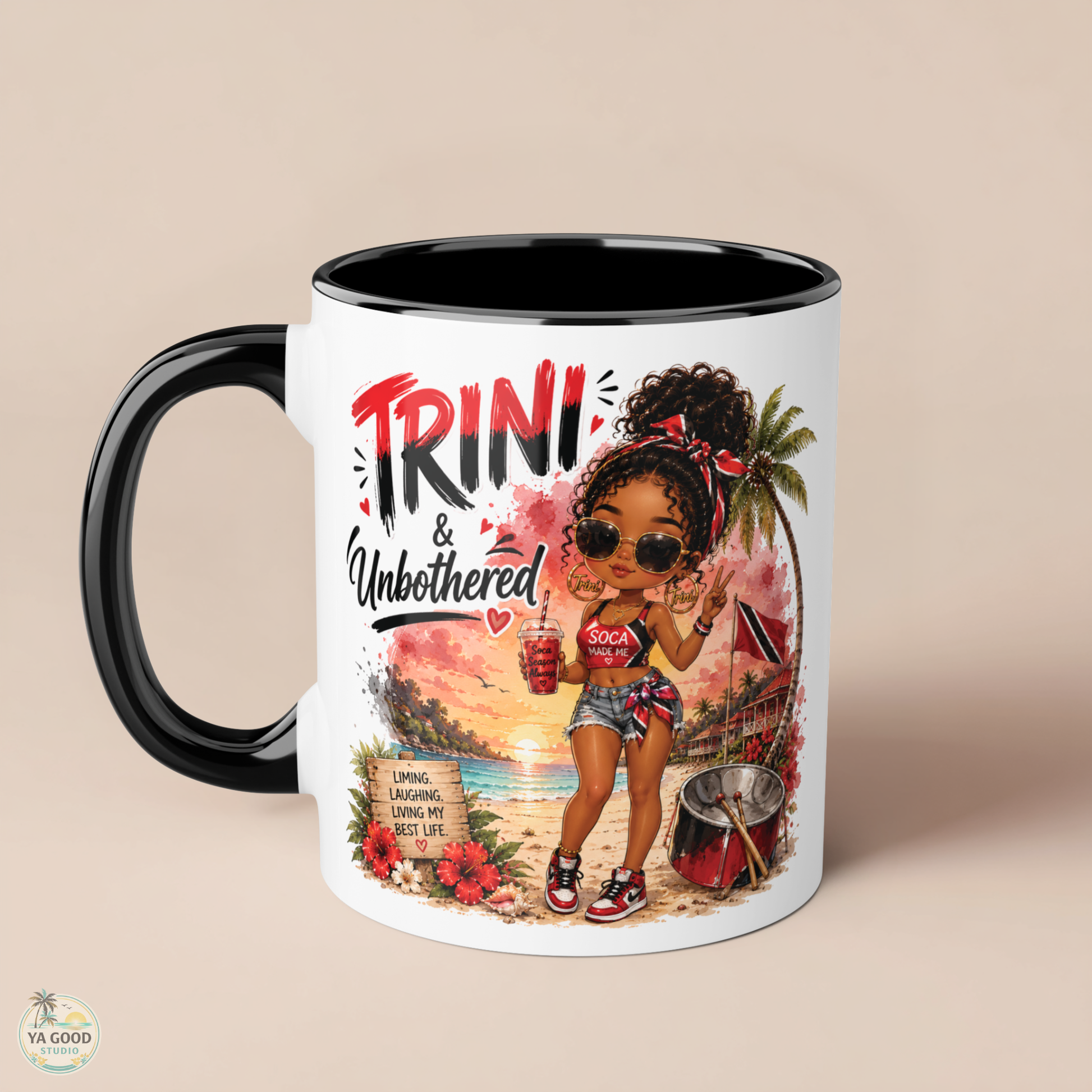 Mug with a design of a woman on a beach and 'TRINI & Unbothered' text, against a beige background.