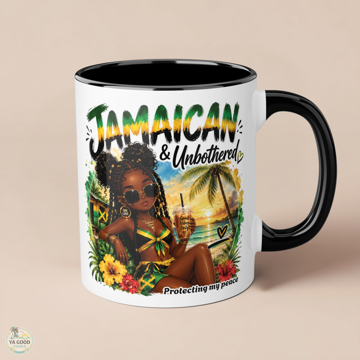 Mug with a design of a woman, palm trees, and text 'Jamaican & Unbothered' on a beige background.
