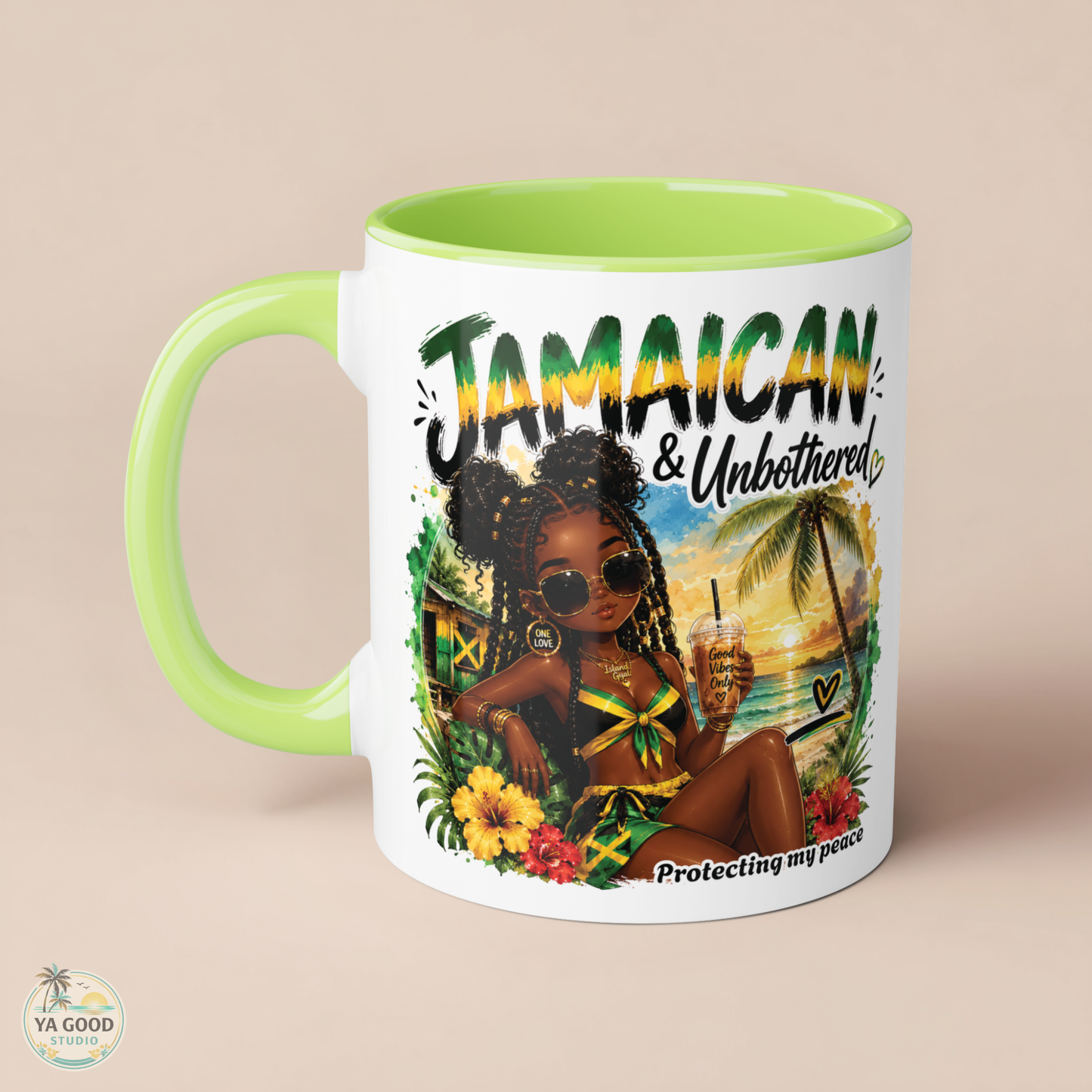 Mug with a Jamaican-themed design featuring a woman, palm trees, and text on a beige background.