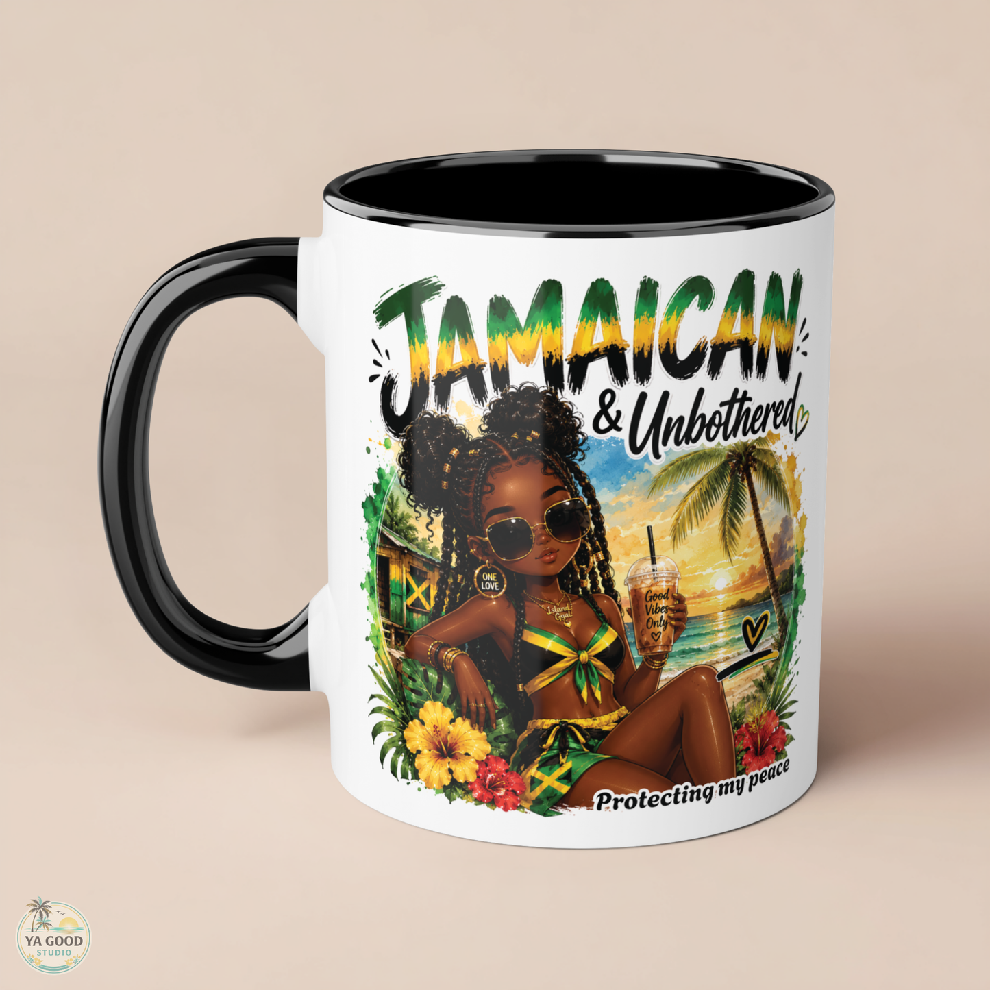 Mug with a design of a woman holding a drink, surrounded by flowers and palm trees, with 'Jamaican & Unbothered' text on a beige background.