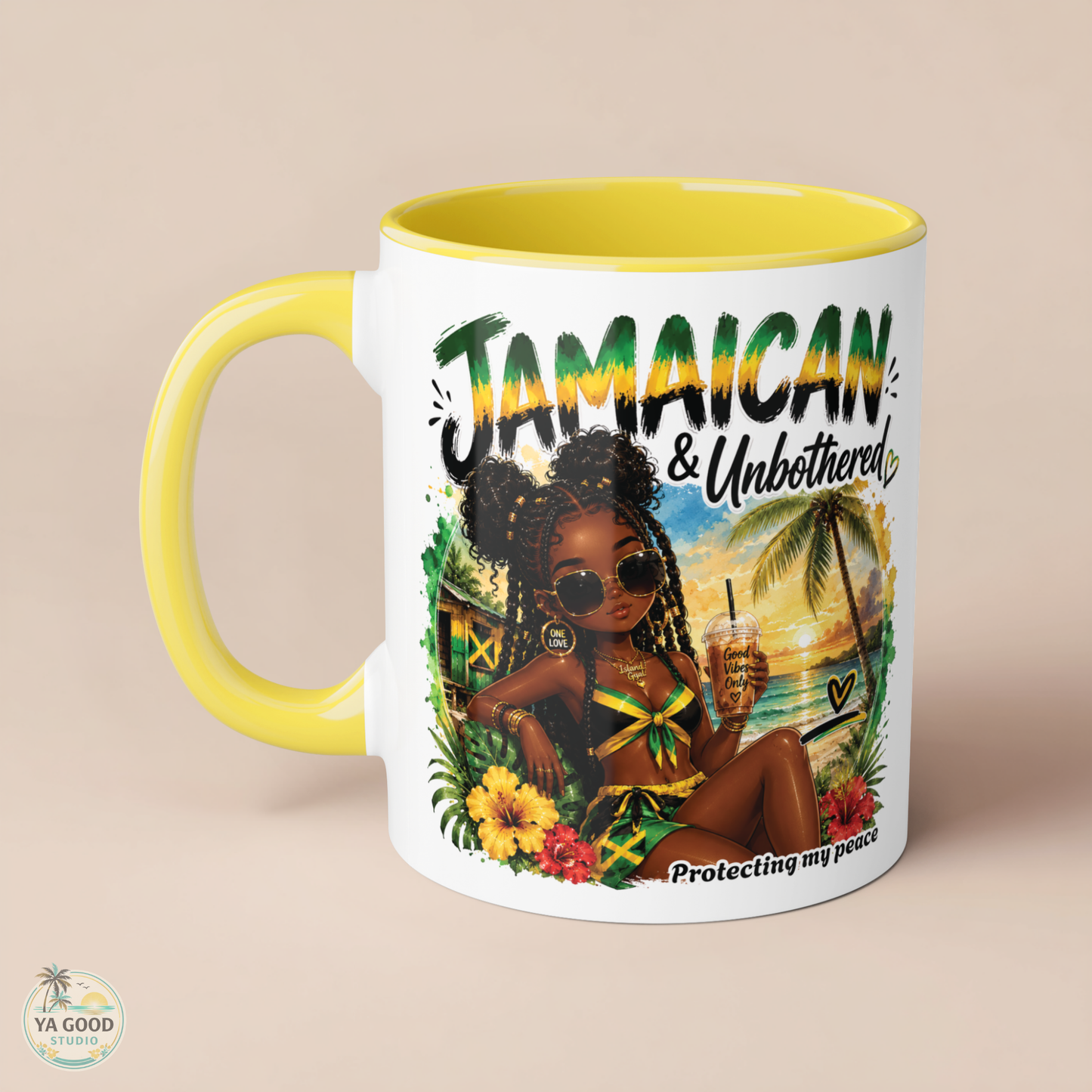 Mug with a design of a woman, palm trees, and flowers with 'Jamaican & Unbothered' text on a beige background.