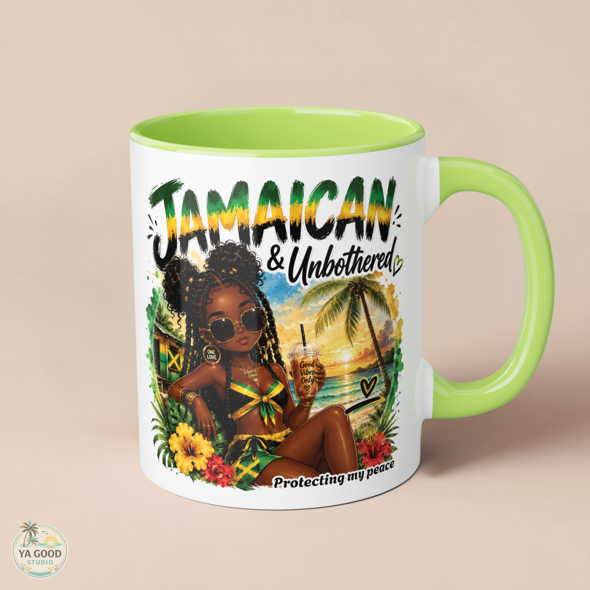Mug with 'Jamaican & Unbothered' design featuring a woman, palm trees, and flowers on a beige background.
