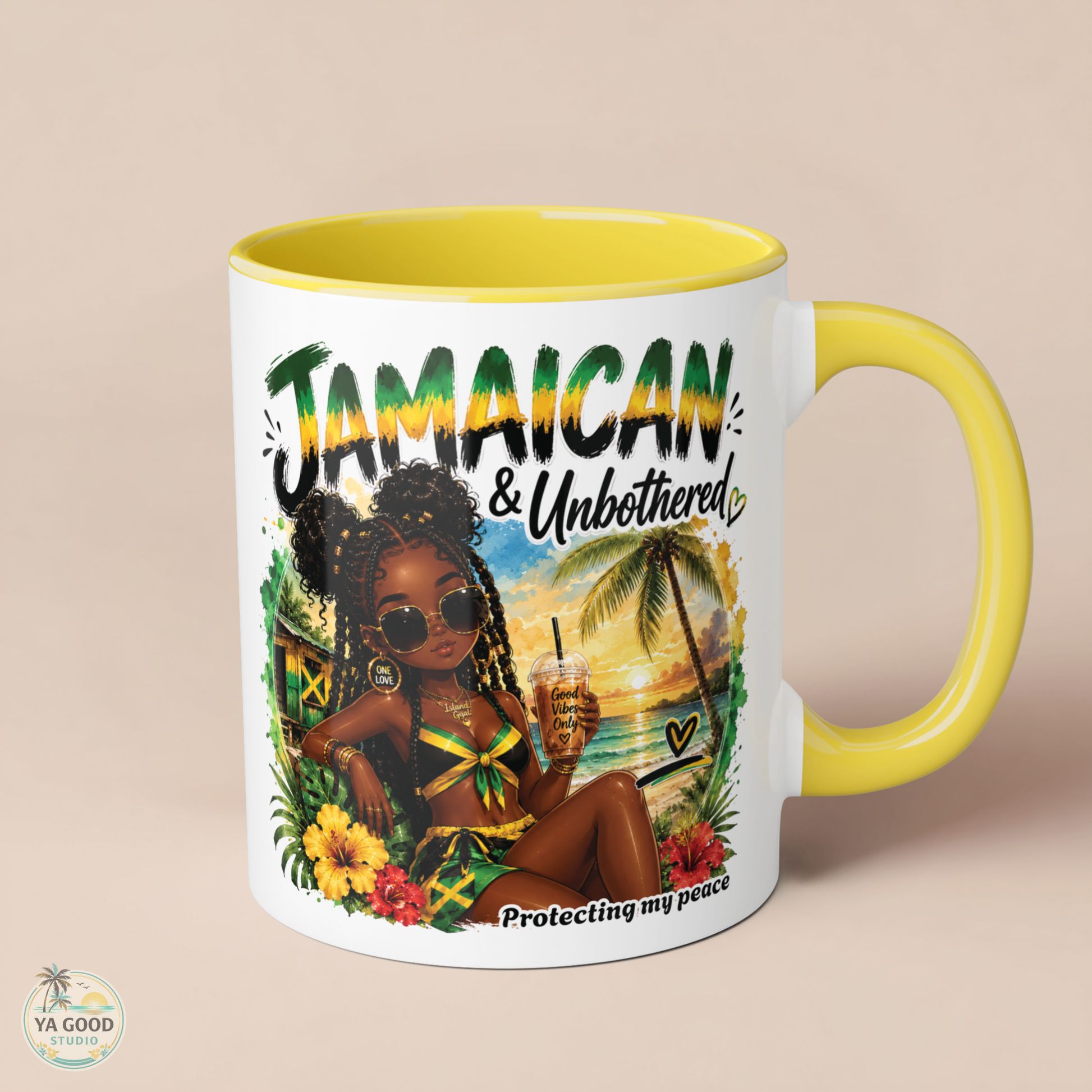 Mug with a Jamaican-themed design featuring a woman, palm trees, and the text 'Jamaican & Unbothered'.