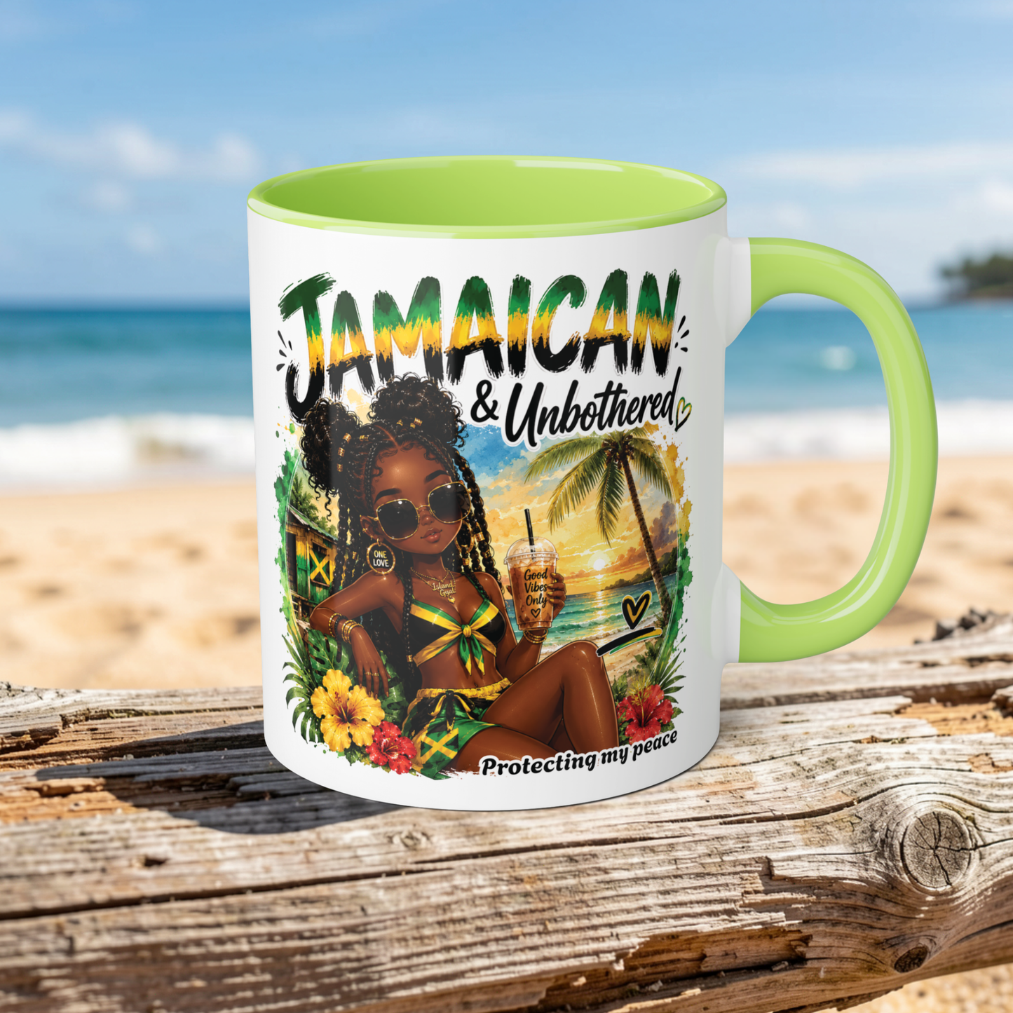 Mug with 'Jamaican & Unbothered' design featuring a beach scene on a wooden surface.