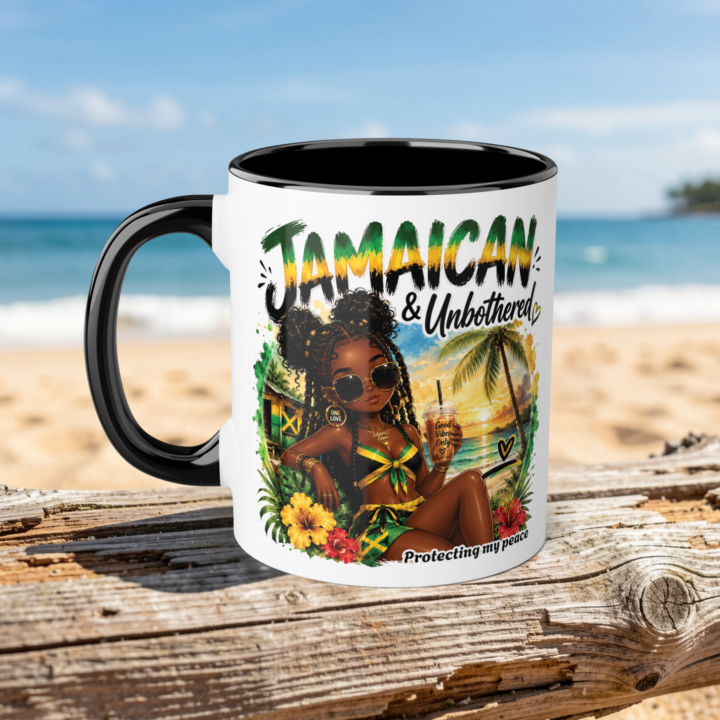 Mug with a Jamaican-themed design featuring a woman, palm trees, and flowers on a beach background.