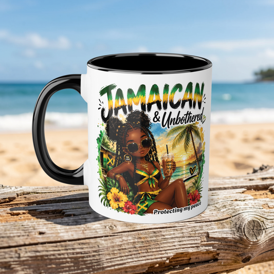 Mug with a Jamaican-themed design featuring a woman, palm trees, and flowers on a beach background.