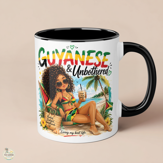 Mug with a design of a woman in a bikini on a beach, text 'Guyanese & Unbothered', and palm trees.