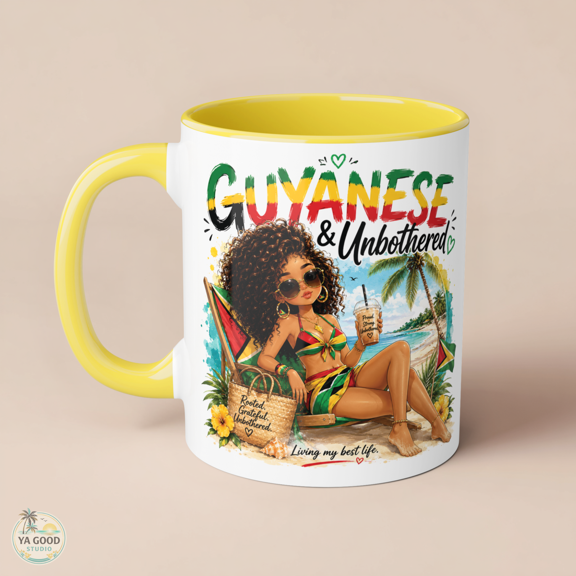 Mug with a tropical design featuring a woman, palm trees, and the text 'Guyanese & Unbothered' on a beige background.
