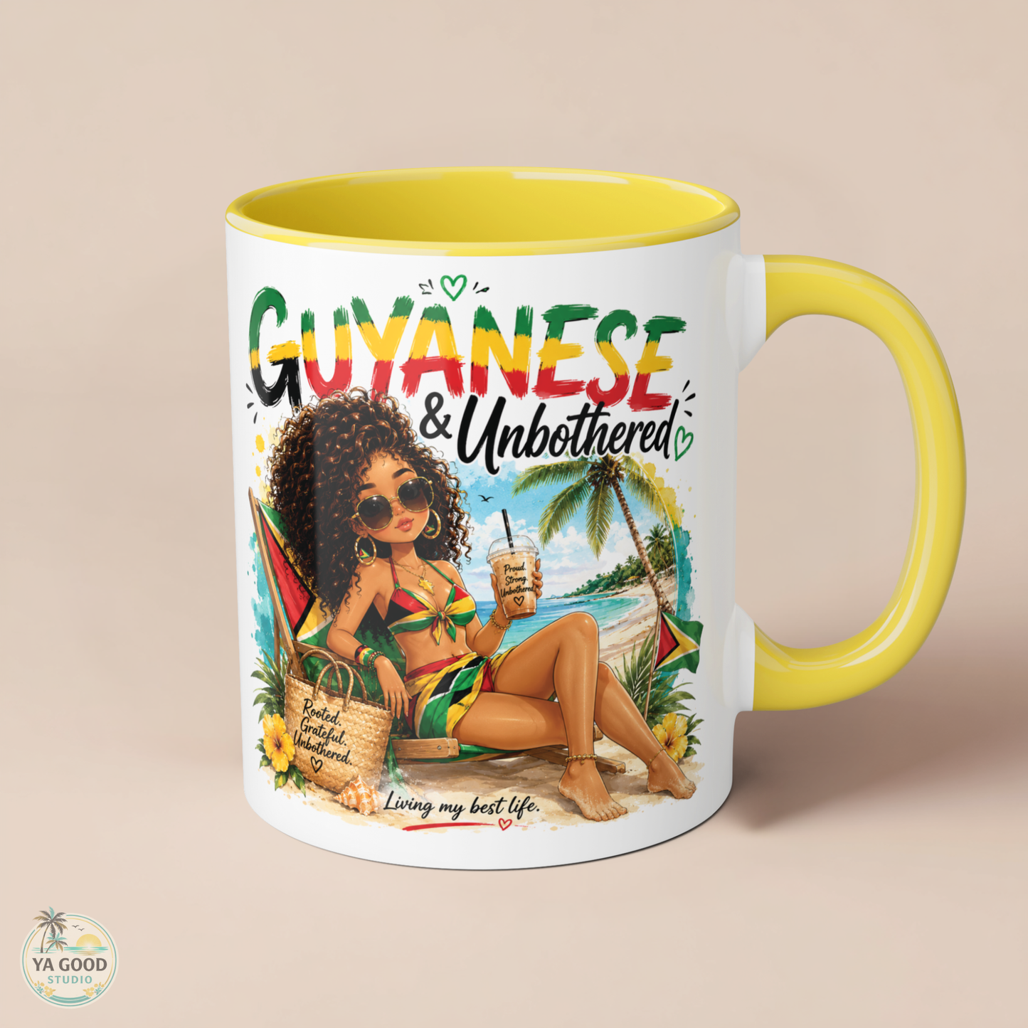 Mug with a tropical design featuring a woman, palm trees, and the text 'Guyanese & Unbothered' on a beige background.