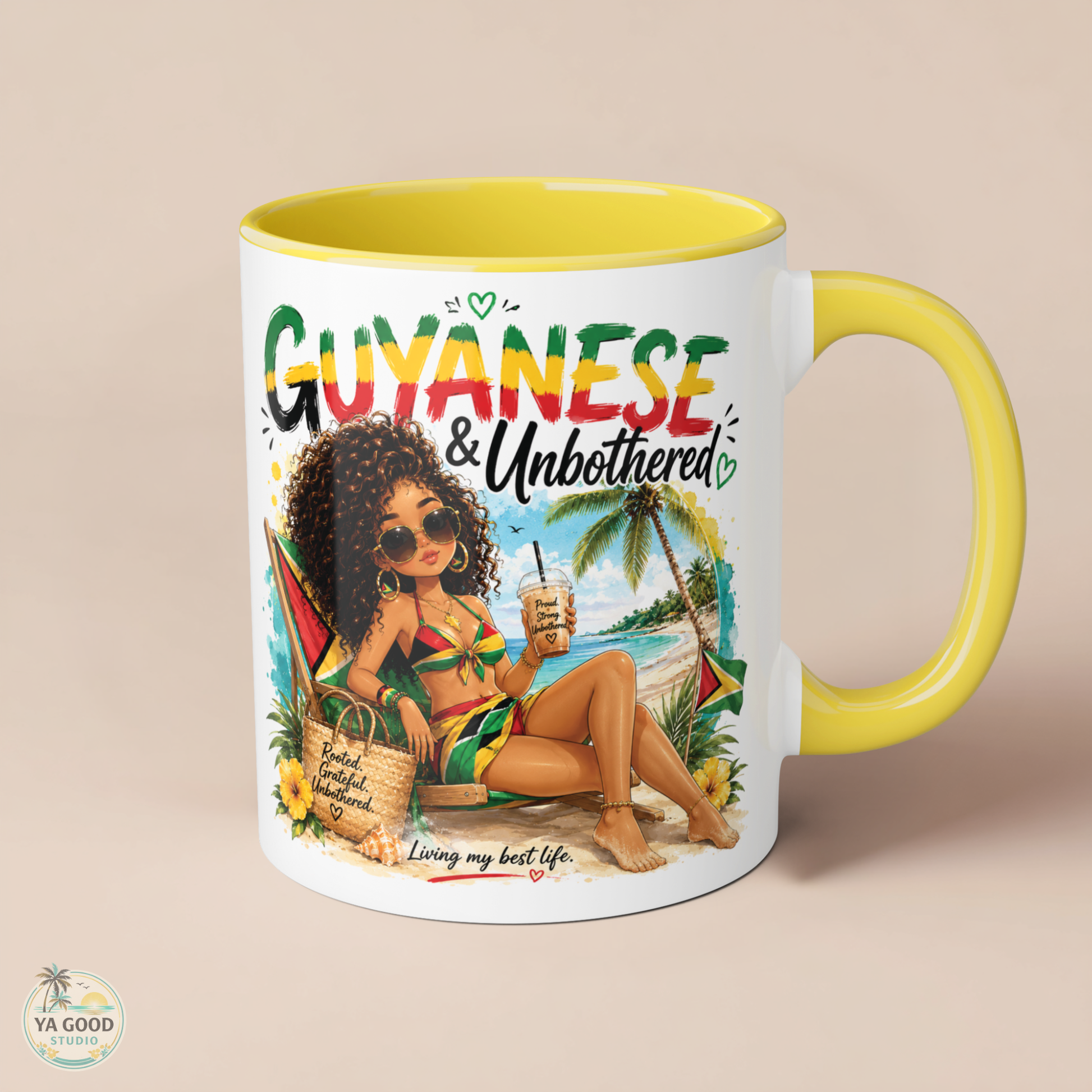 Mug with a tropical design featuring a woman, palm trees, and the text 'Guyanese & Unbothered' on a beige background.