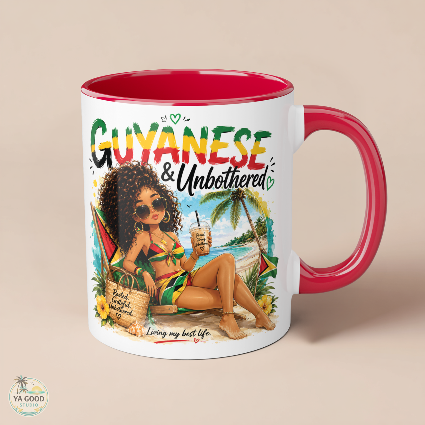 Mug with a design of a woman on a beach and text 'Guyanese & Unbothered' on a beige background