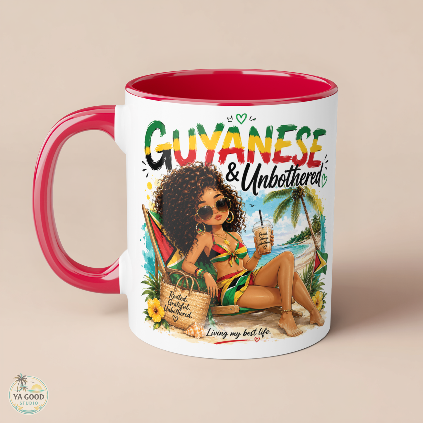 Mug with a design of a woman in a bikini, palm trees, and the text 'Guyanese & Unbothered' on a beige background.
