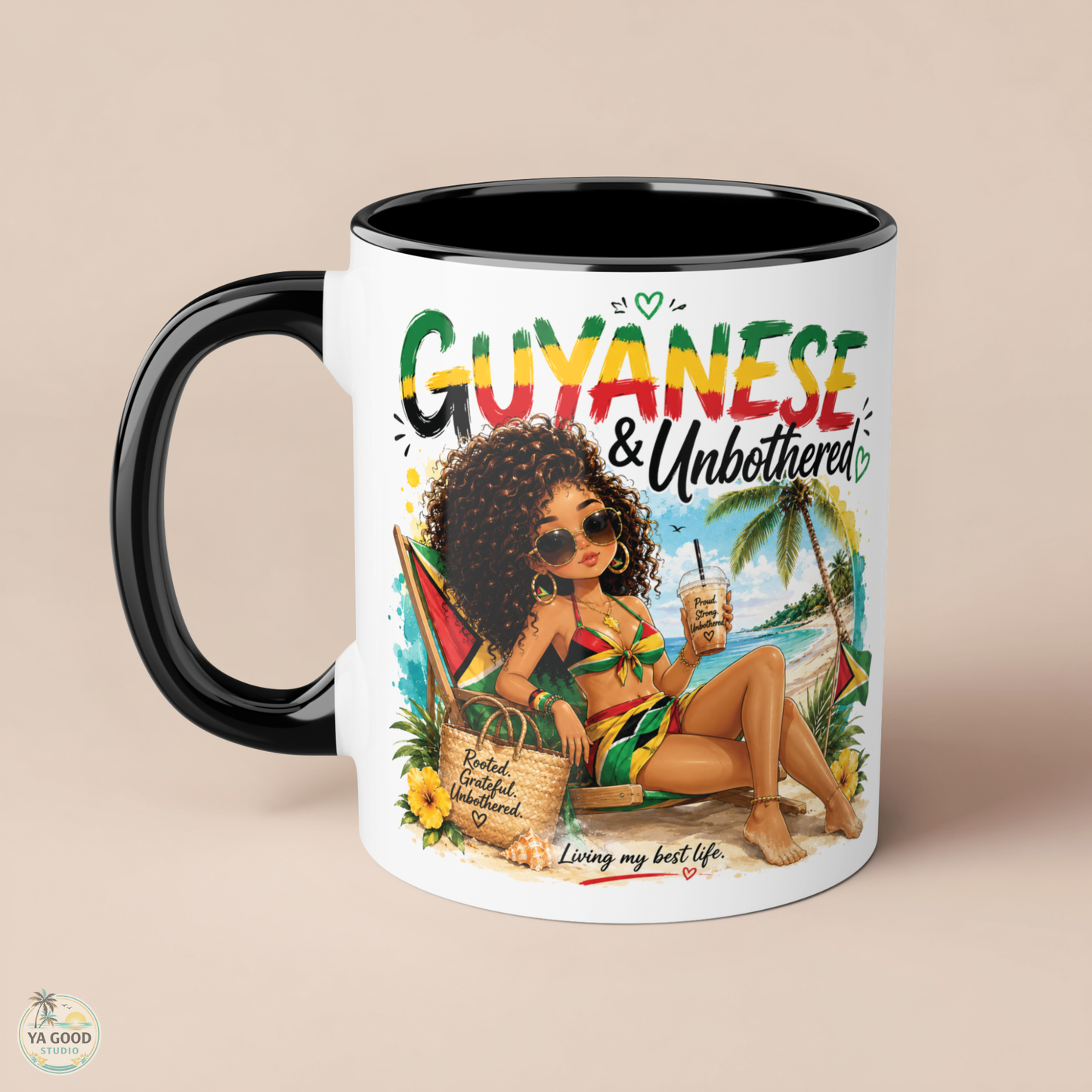Mug with a design of a woman on a beach and the text 'Guyanese & Unbothered' on a beige background.