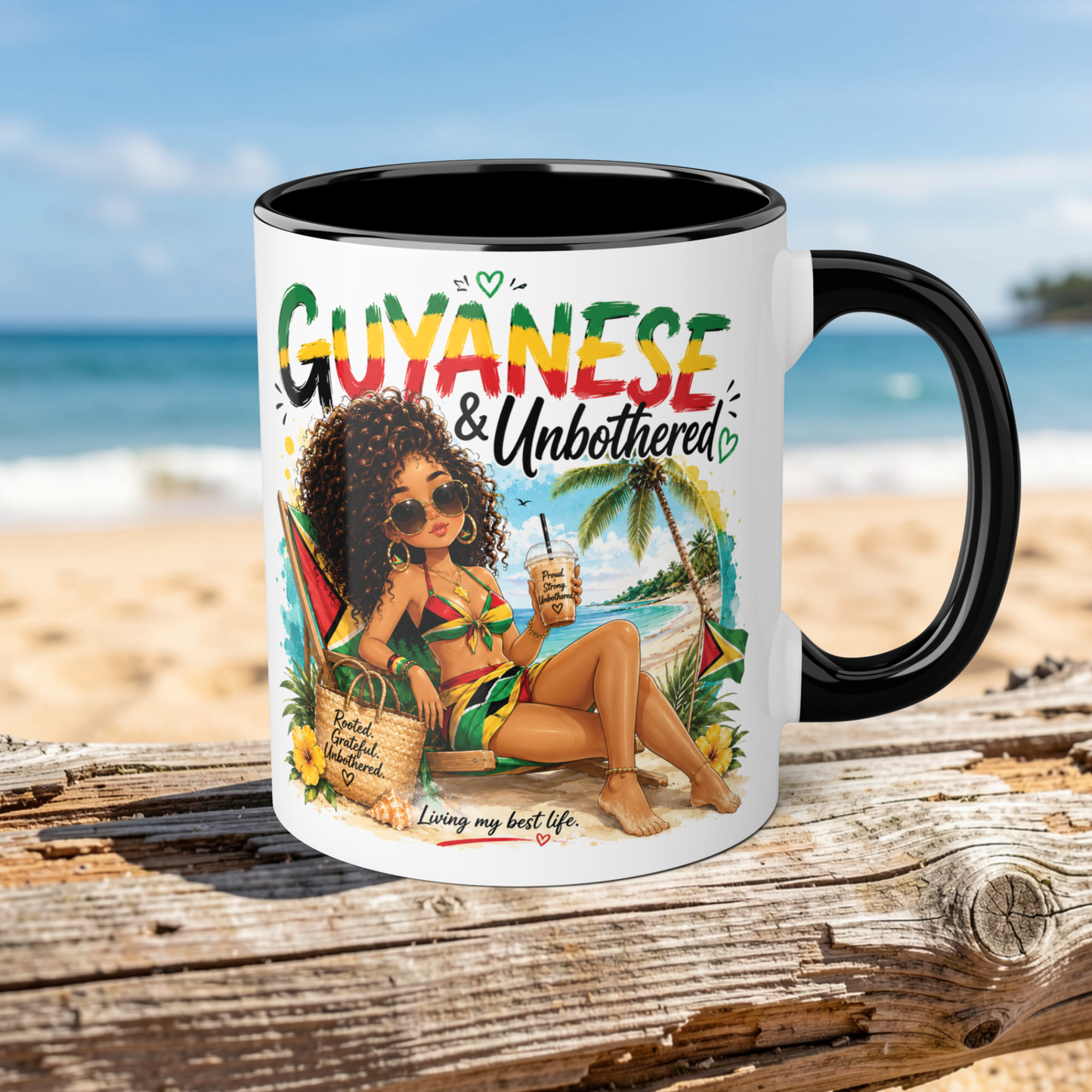 Mug with a design of a woman by the beach and 'Guyanese & Unbothered' text, set against a beach background.