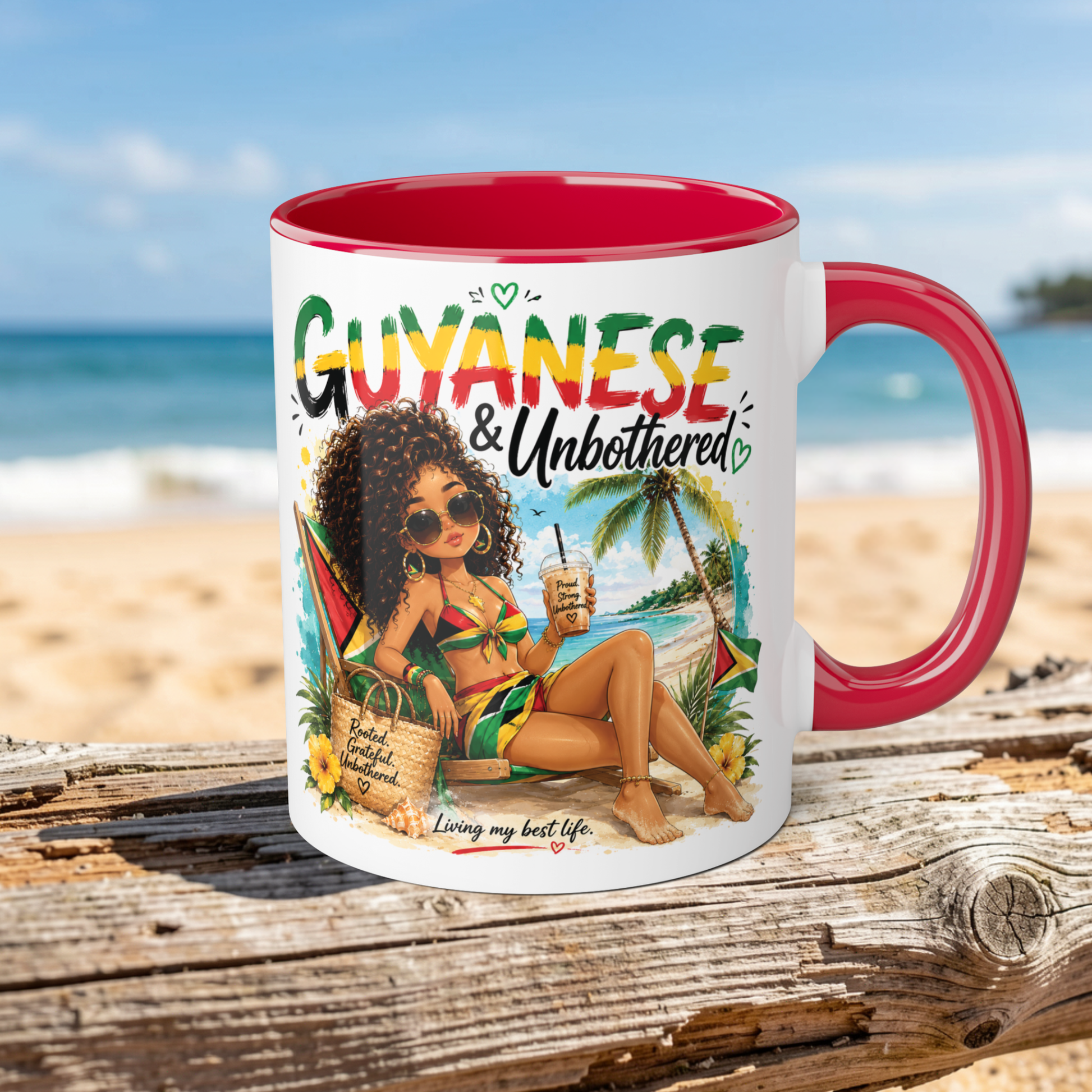 Mug with a tropical design featuring a woman by the beach and text 'Guyanese & Unbothered' on a wooden surface with a beach background.